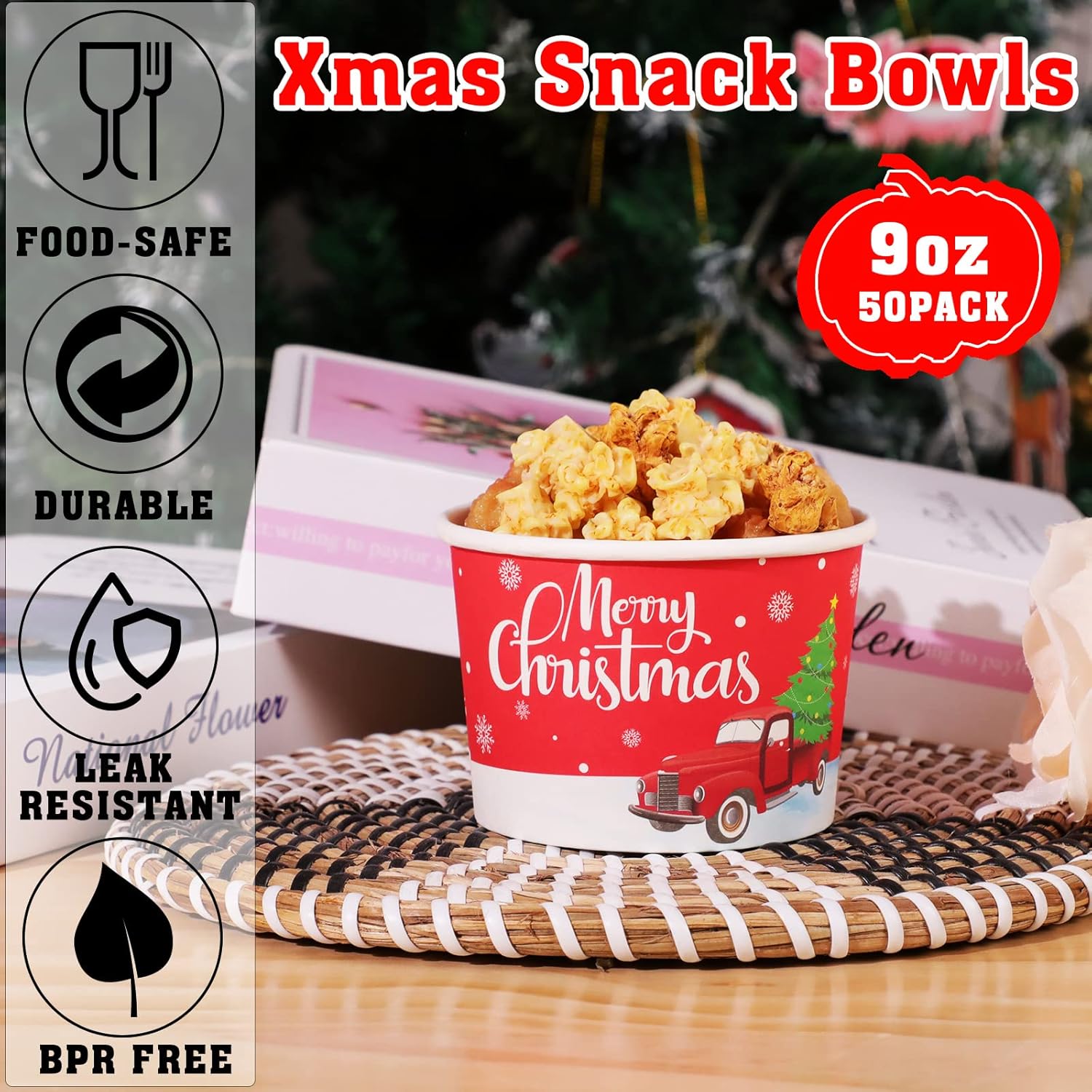 gisgfim 50 vasos de papel de Navidad, tazas de helado de Navidad, desechables de 9 onzas, tazones de postre para sopas temáticas de Navidad, para