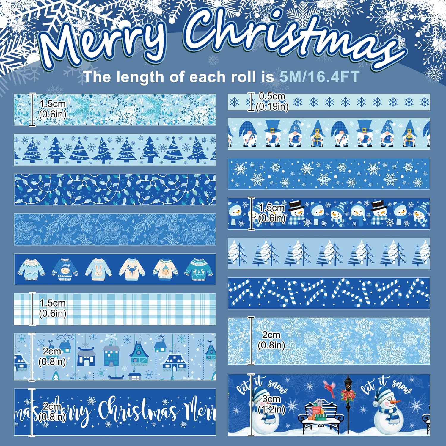 Whaline 16 rollos de cinta Washi de invierno, 4 tamaños, cinta adhesiva Washi azul para Navidad, copo de nieve, muñeco de nieve, papel decorativo de