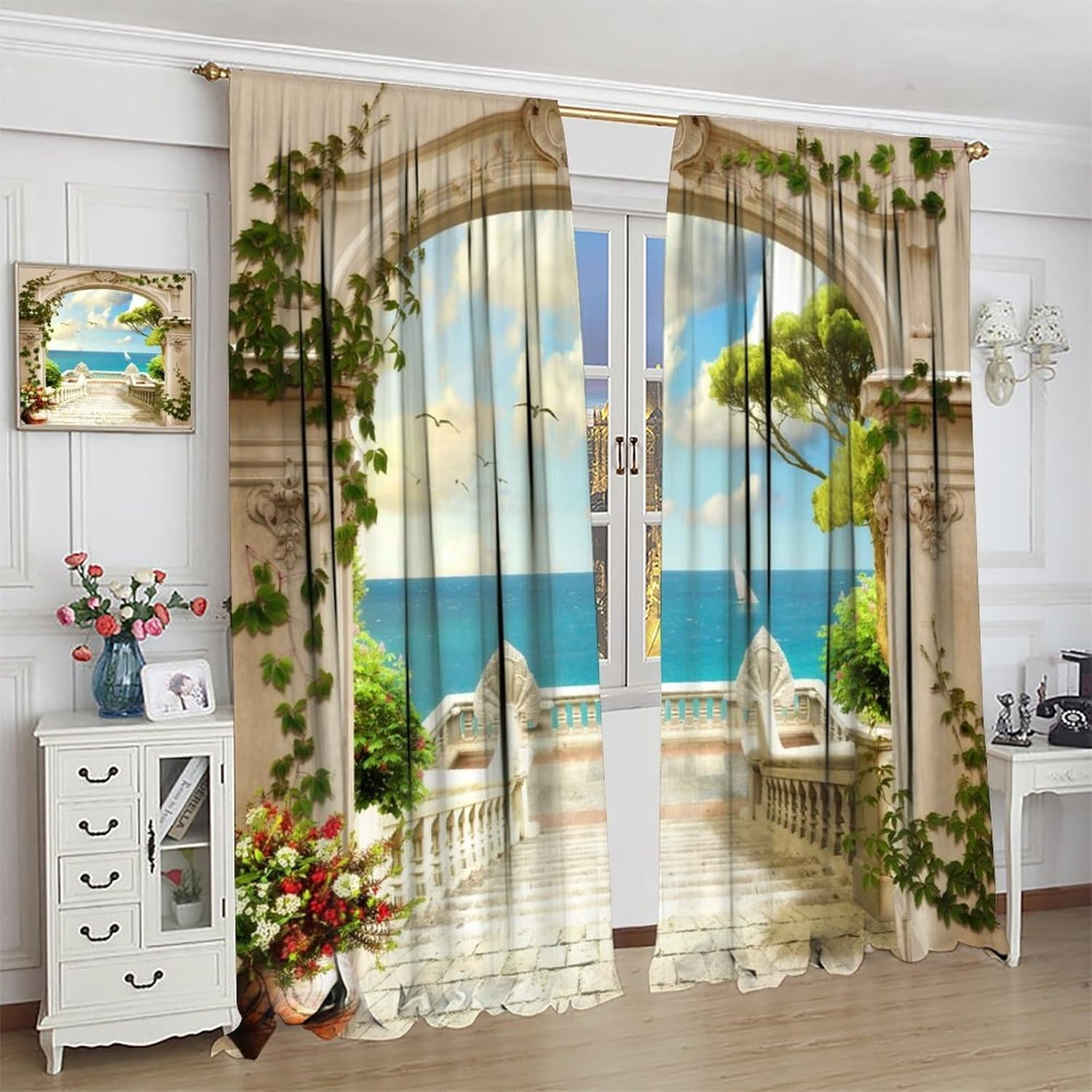 Cortinas de ventana de playa tropical de verano, cielo azul, mar, arco clásico, floral, vides, terraza, gaviotas, dormitorio, estudio, habitación de