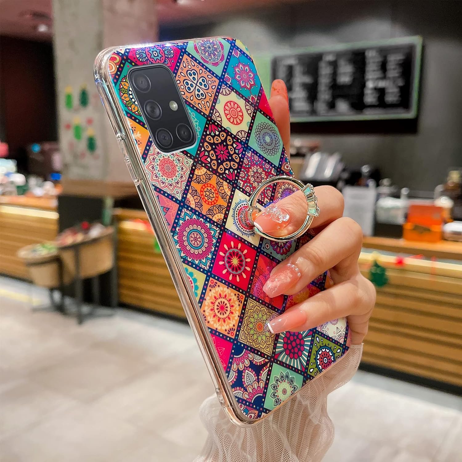 Funda para Samsung A71 5G Retro Floral Slim Linda Caso a prueba de golpes Cubierta de protección para Adolescentes Niñas Mujeres con Anillo Dorado