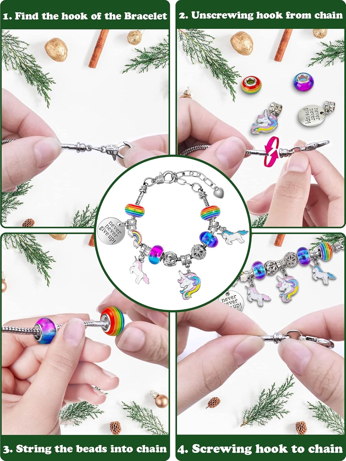 Calendario de Adviento 2023 Kit de fabricación de pulseras de unicornio para niñas, calendario de cuenta regresiva de 24 días de Navidad con 2