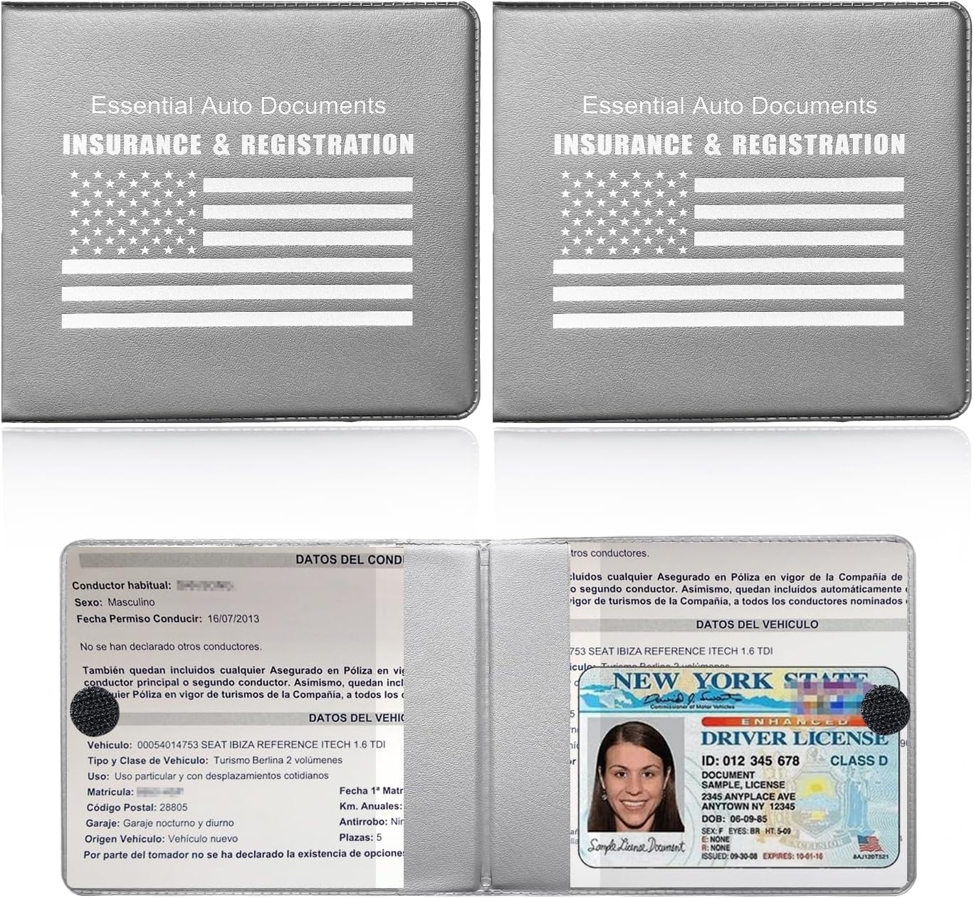 Soporte para seguro de registro de automóvil, paquete de 2 organizadores esenciales de PVC para documentos de tarjetas de automóvil con cierre de
