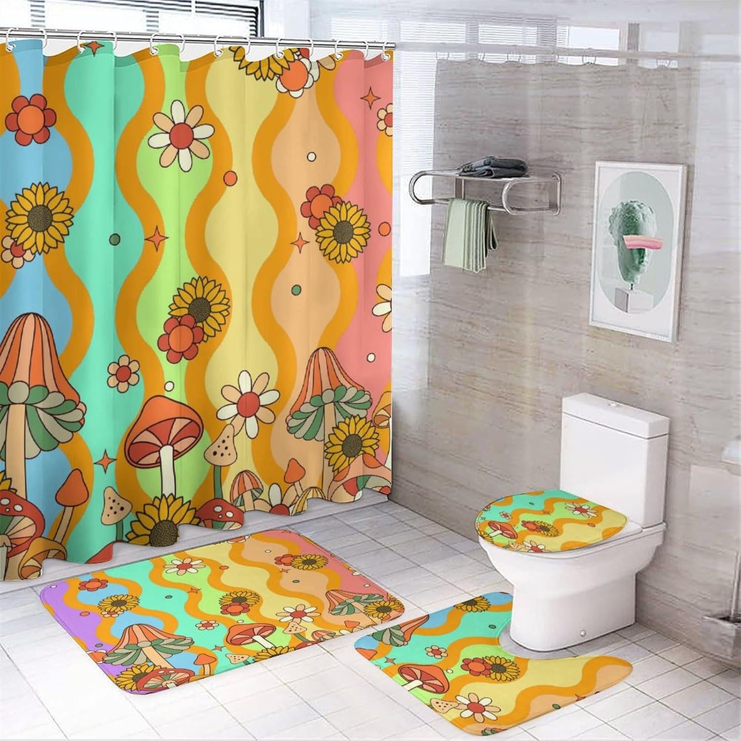 Brebasf – Juego de 4 cortinas de ducha impermeables con diseño de hongos bohemios y retro, diseño de girasol, diseño de hongos florales, con