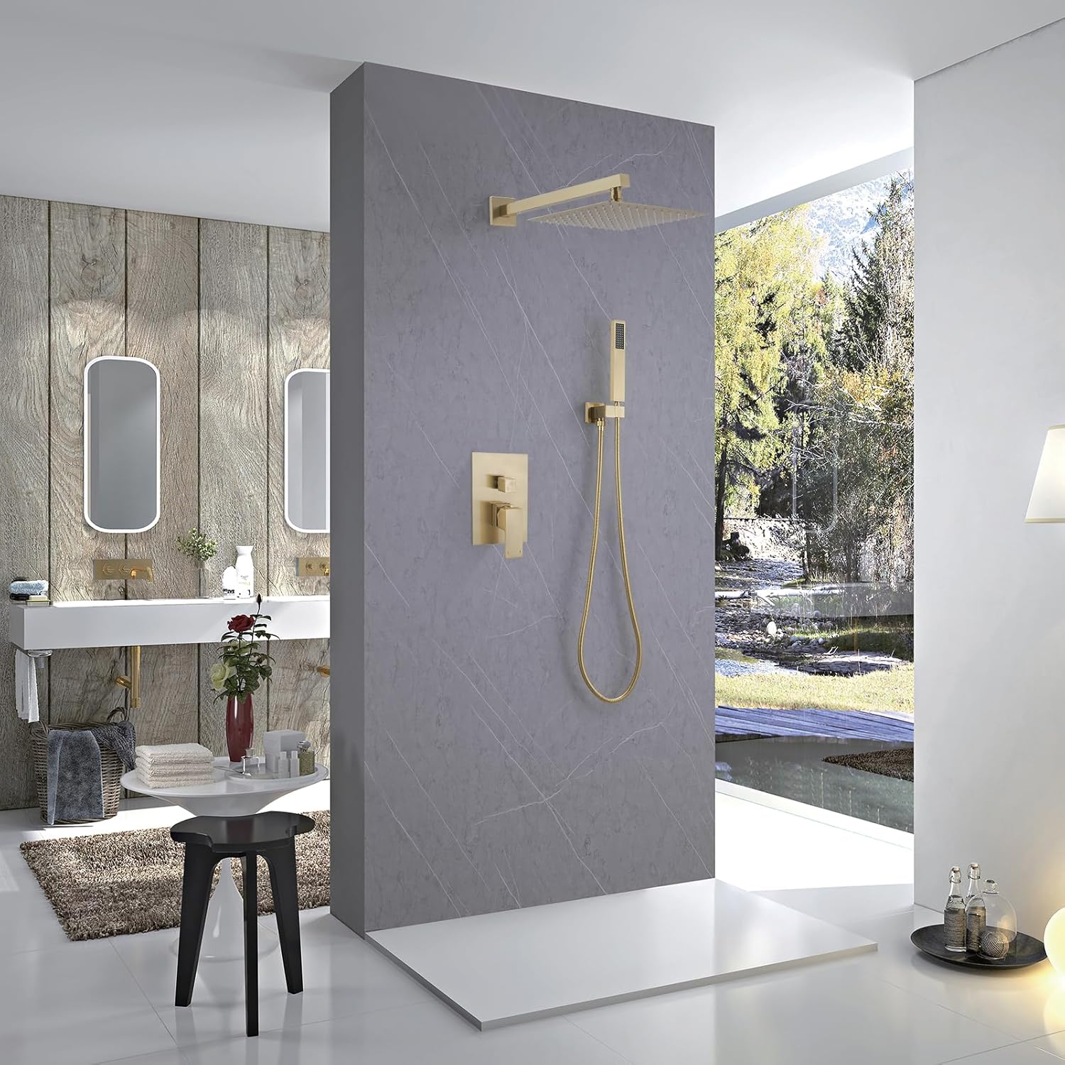 Homevacious Sistema de ducha de oro cepillado, cabezal de ducha de lluvia de 10 pulgadas con rociador de mano montado en la pared para baño,