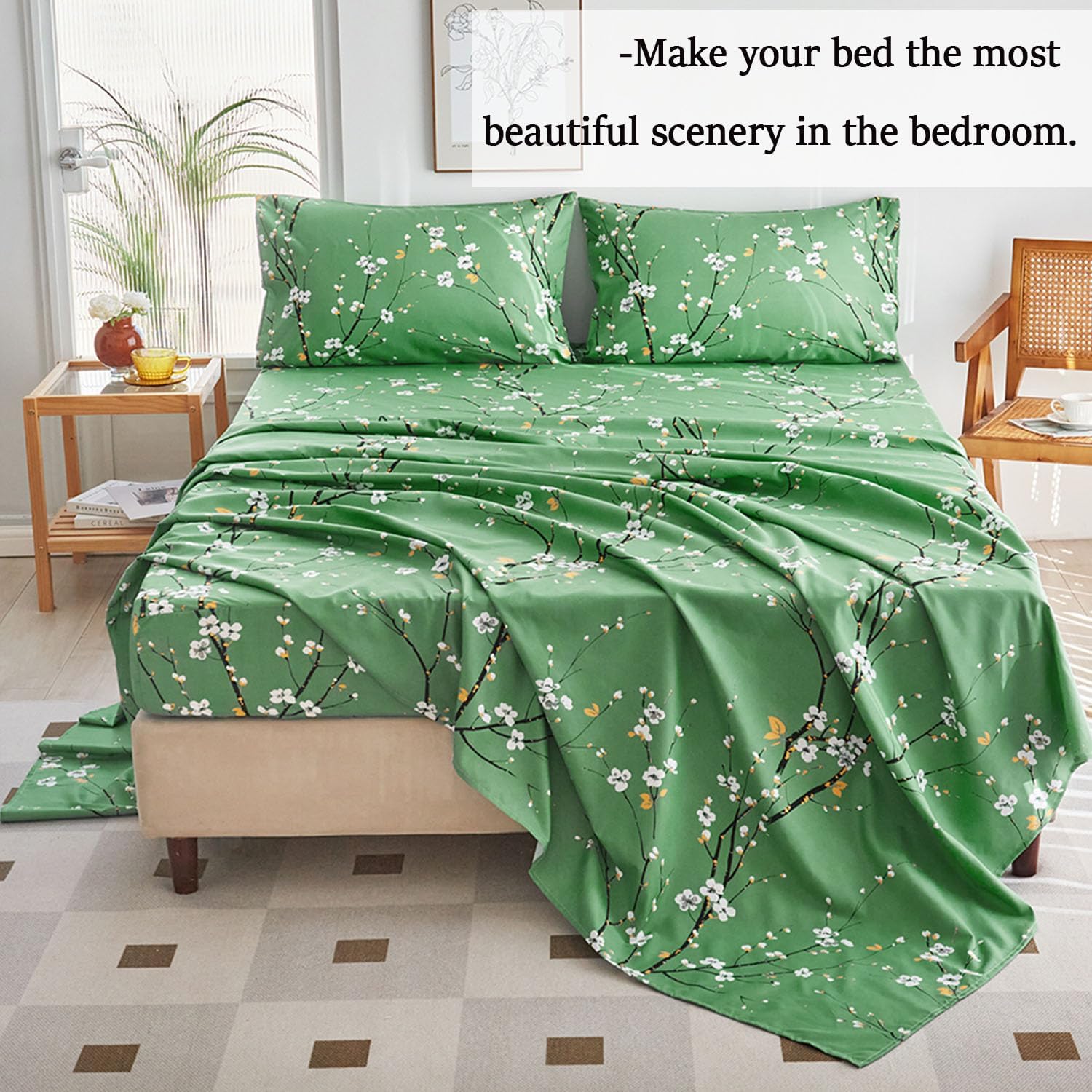 ZANBAST – Juego de sábanas de 4 piezas con estampado de flores verdes, estilo granja, se adapta fácilmente a sábanas de microfibra para todas las