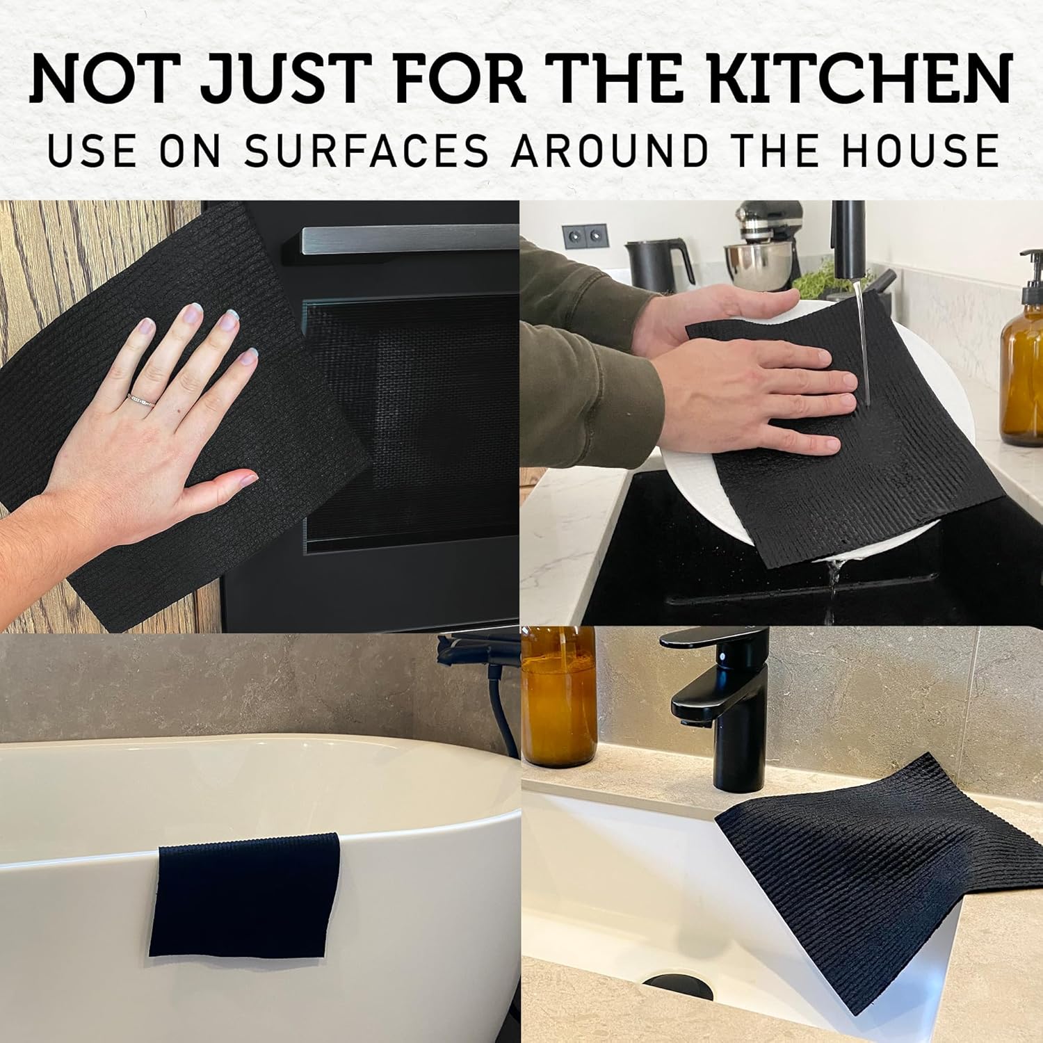 Paños de cocina suecos, paquete de 10 unidades con gancho negro, reutilizables, lavables, paños de cocina de algodón de celulosa  Reemplazar toallas