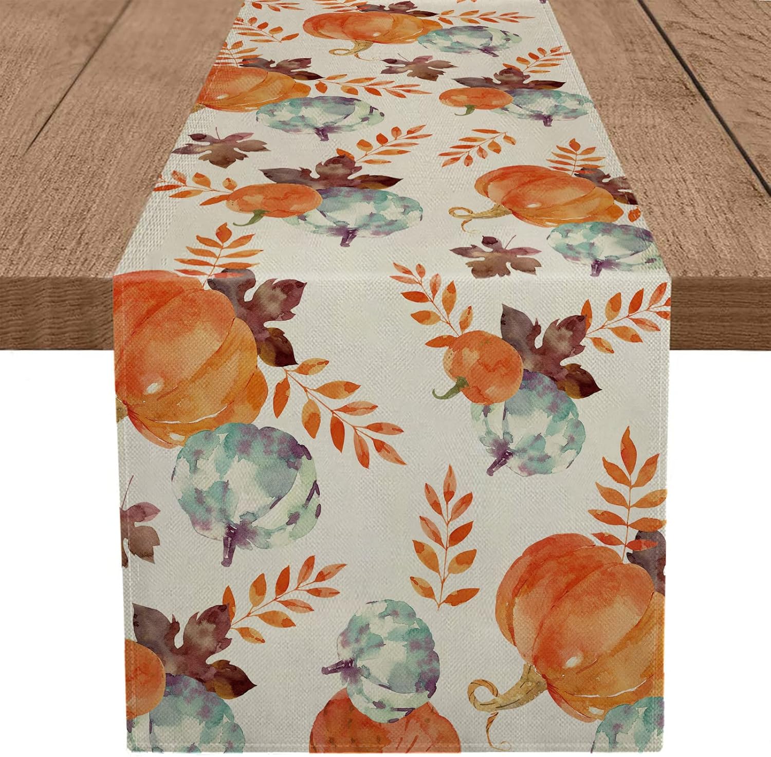 Camino de mesa de otoño, acuarela, calabaza, cosecha de otoño, Acción de Gracias, caminos de mesa de vacaciones, comedor, cocina, decoración de