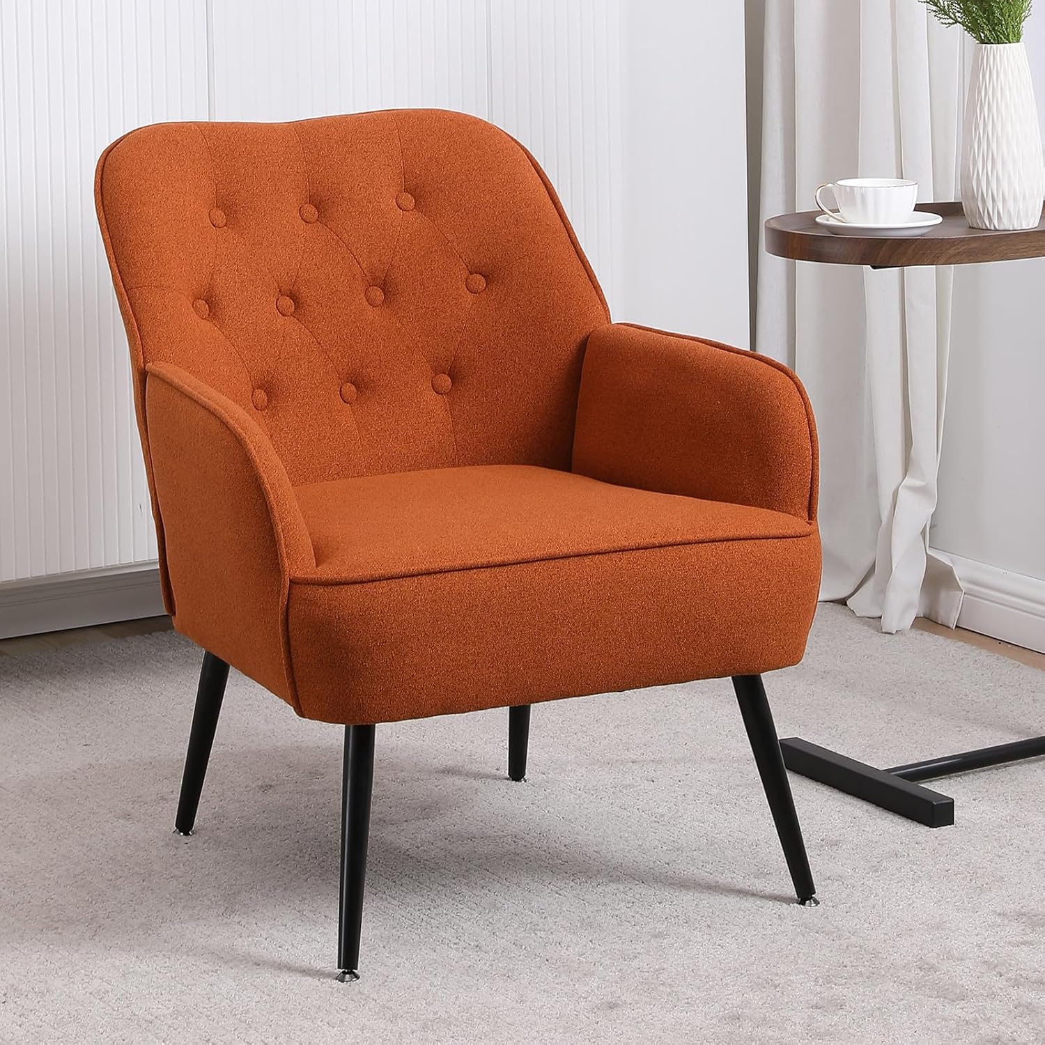 Hosnnile Silla decorativa, moderna de mediados de siglo tapizada con botones, silla de lectura individual con tela de lino + marco de hierro sólido,