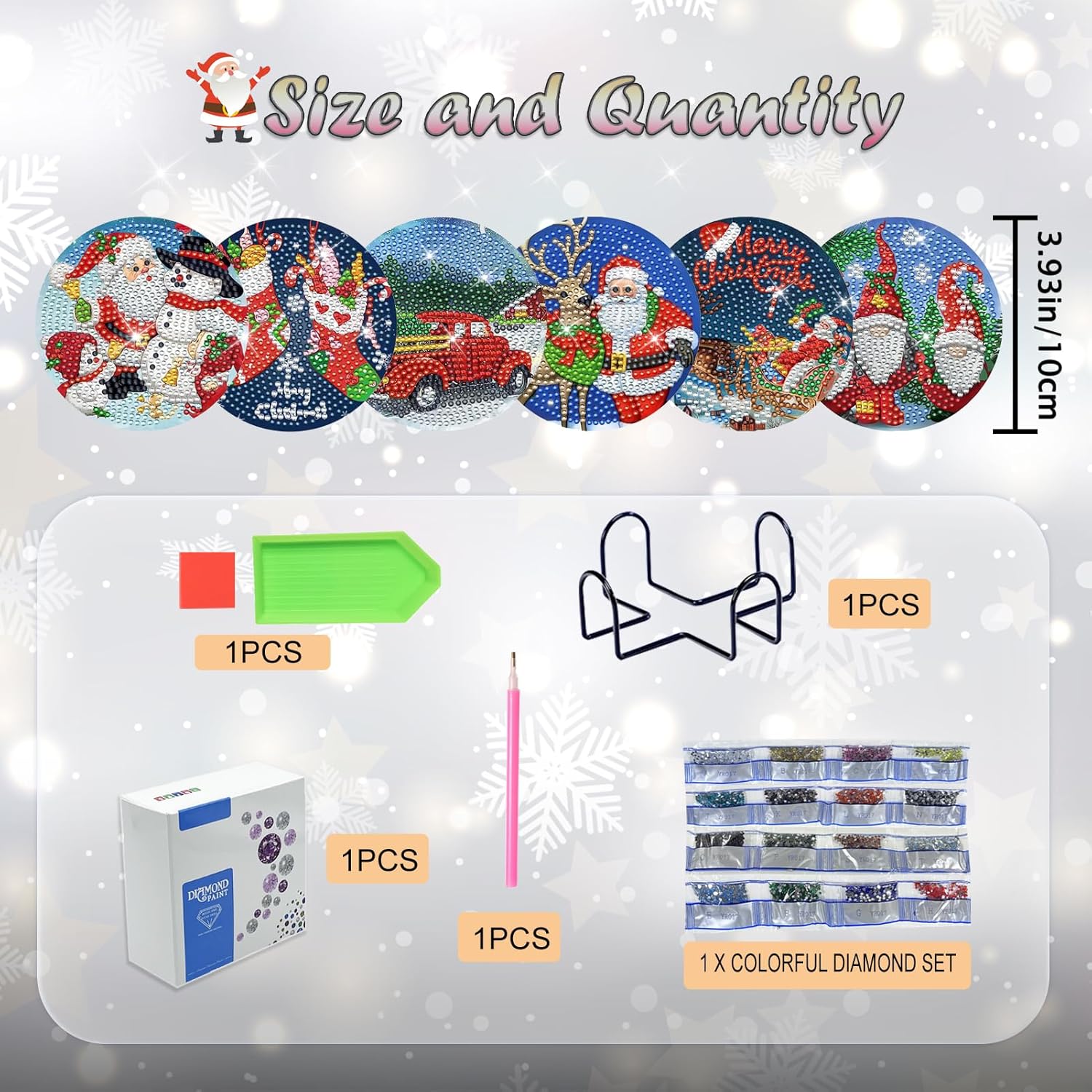 Juego de 6 posavasos de arte de diamantes de Navidad, posavasos de pintura de diamantes de Navidad con soporte 5D para principiantes, adultos y niños