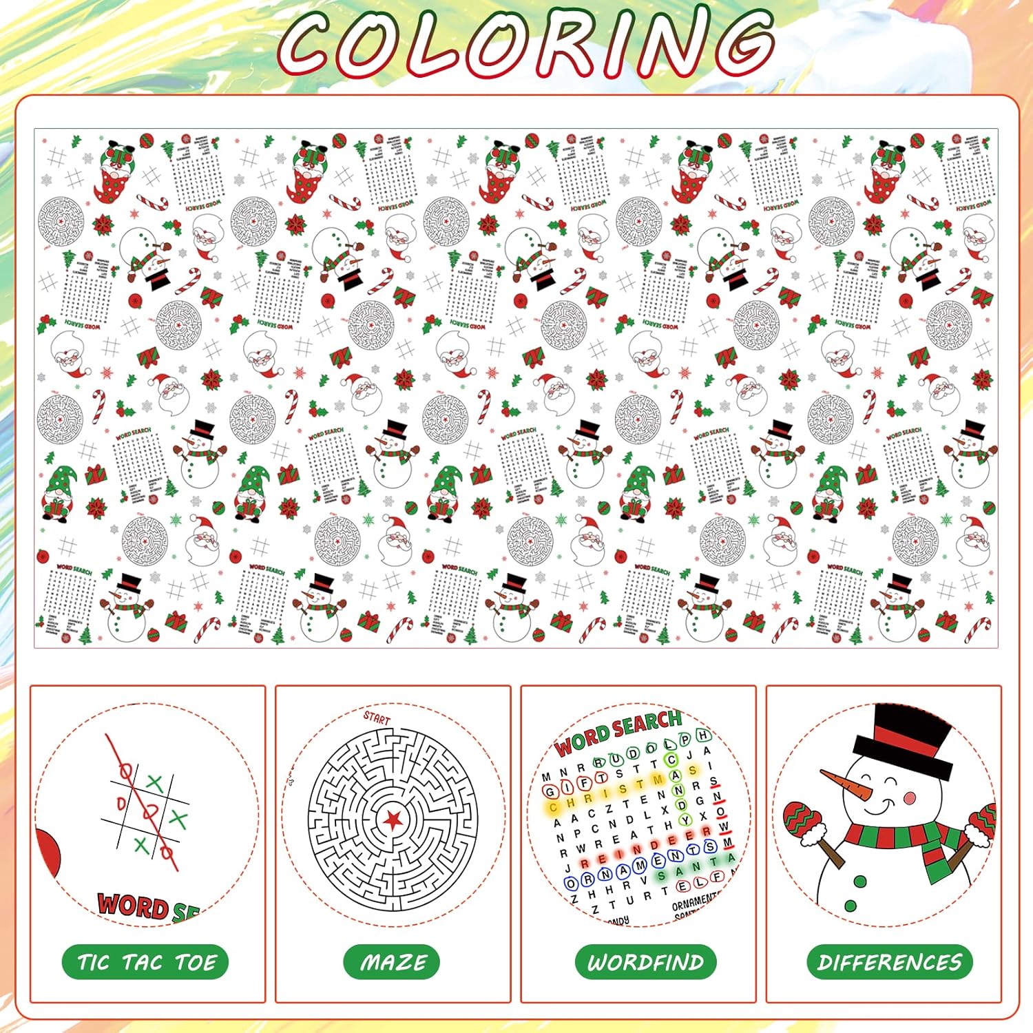1 mantel de papel de actividades navideñas, mantel desechable de papel de Papá Noel, muñeco de nieve, gnomo, para niños, Navidad, invierno,