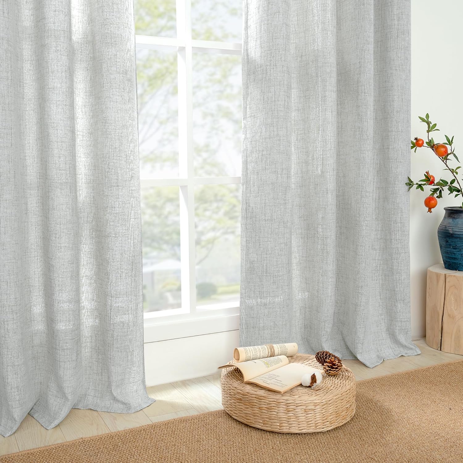 Cortinas de lino de 63 pulgadas de largo para ventana de dormitoriocomedor, filtrado de luz, arpillera gruesa semitransparente, no se transparenta,
