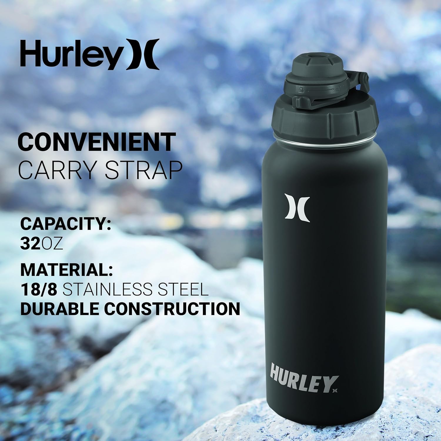 Hurley Botella de agua aislada  Botella de agua de acero inoxidable de 32 onzas, botella de agua de viaje para deportes y actividades al aire libre