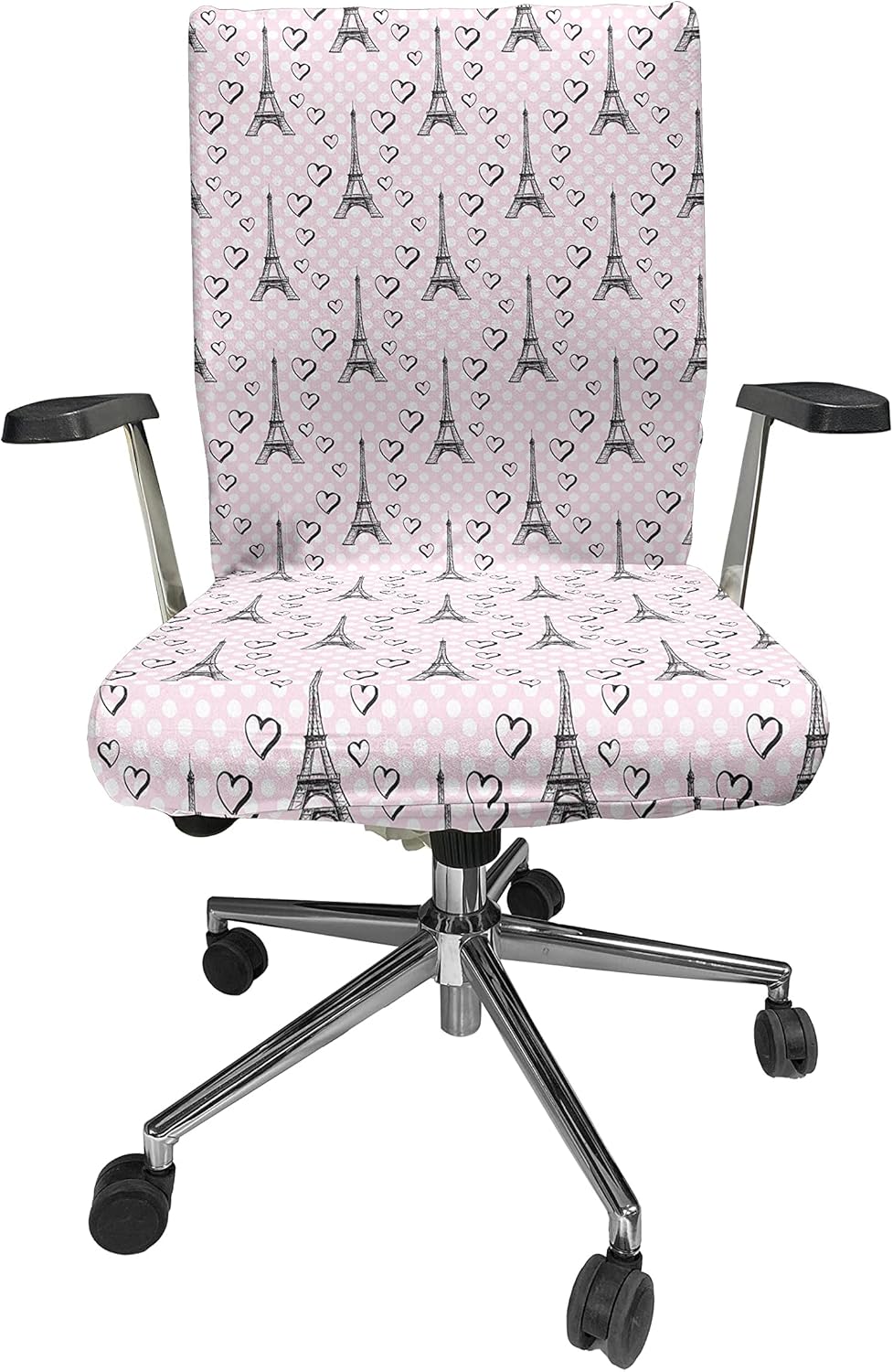 Ambesonne Funda para silla de oficina Eiffel, patrón de lunares con torre Eiffel incompleta y corazones románticos, funda elástica decorativa de