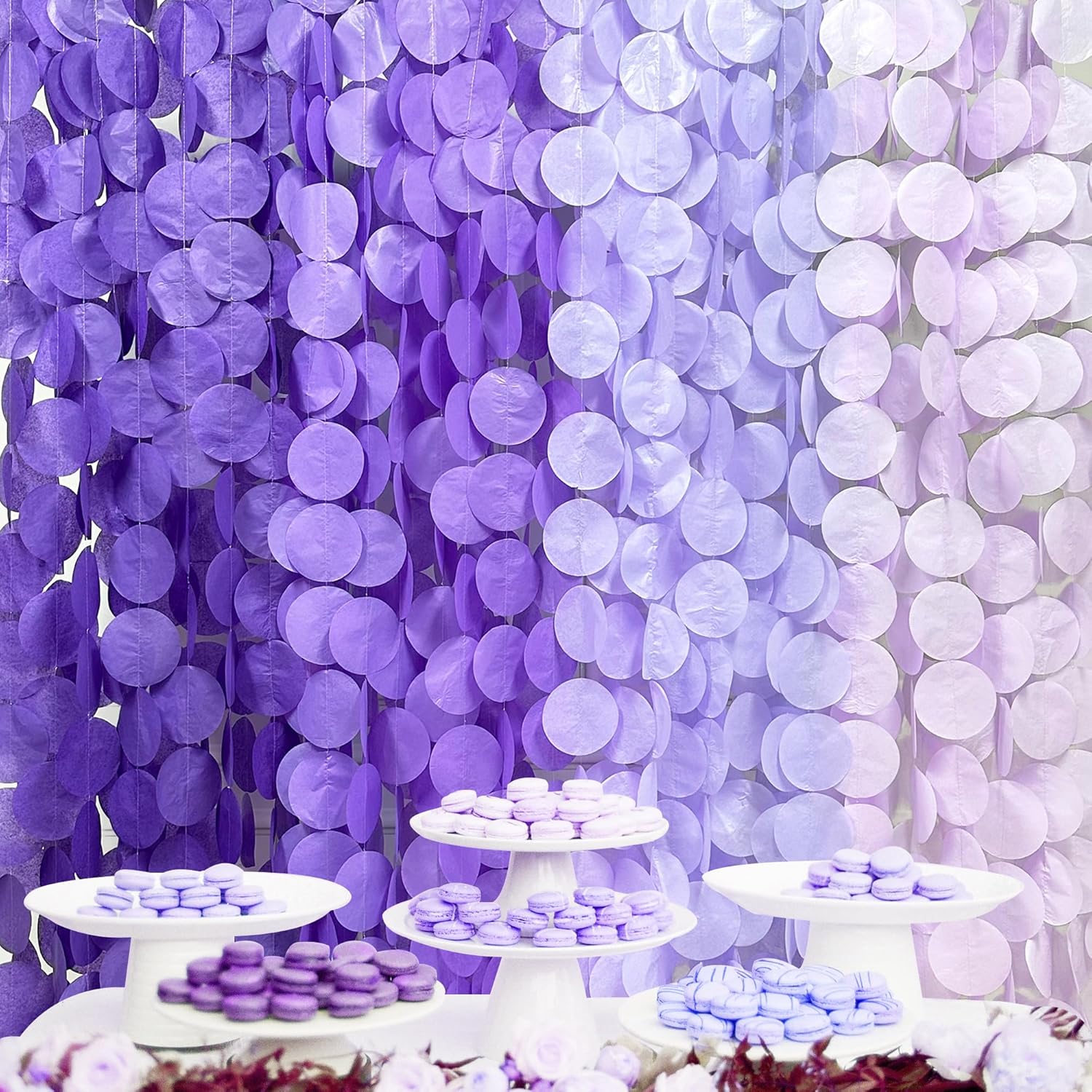Decoración de fiesta de lavanda de 205 pies, color morado degradado, telón de fondo, serpentina, papel de seda, guirnalda colgante de lunares para