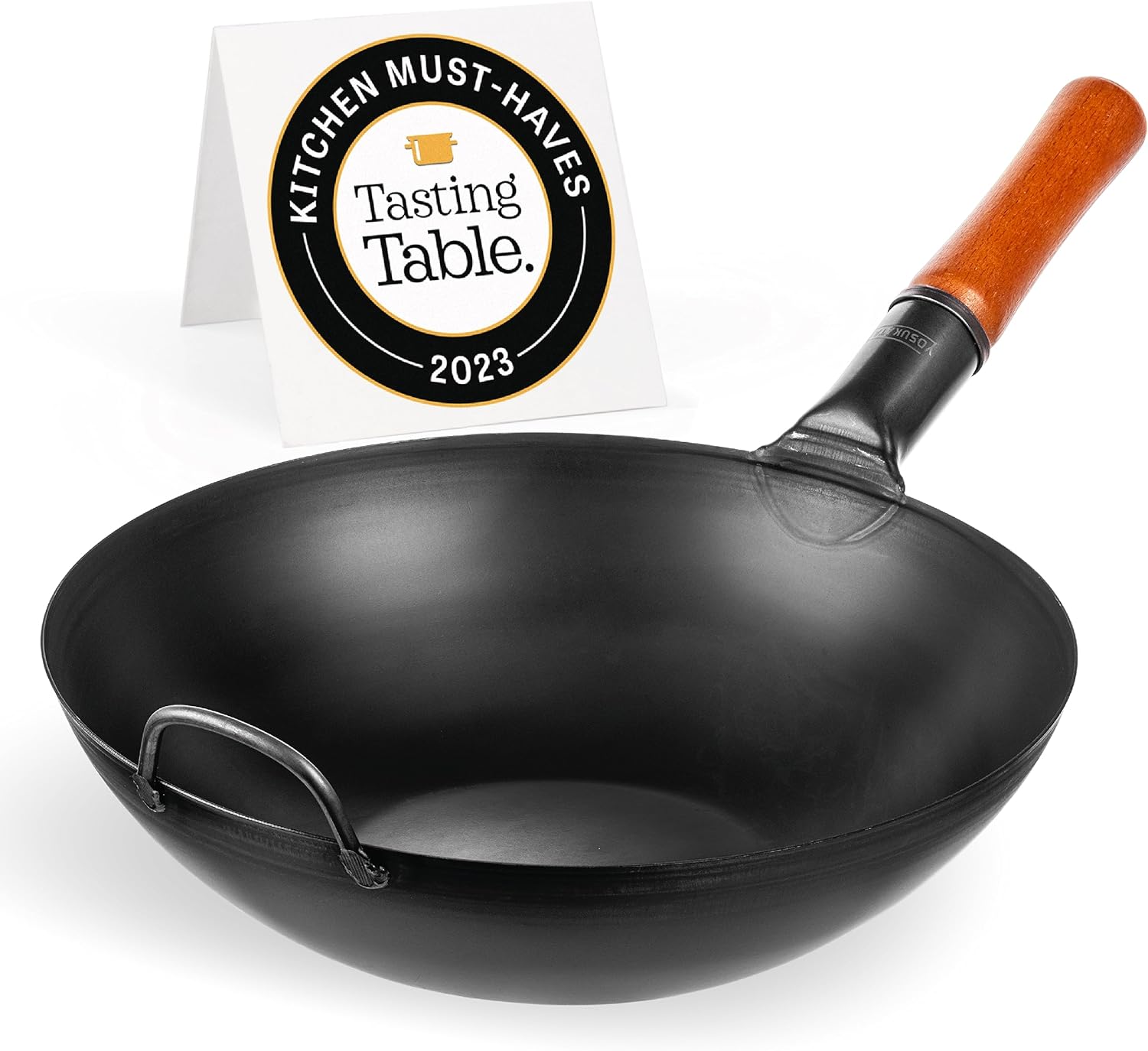YOSUKATA Sartén para wok de acero al carbono, 13,5 pulgadas con espátula y cucharón de 17 pulgadas con cubierta de wok de hierro fundido, cubierta