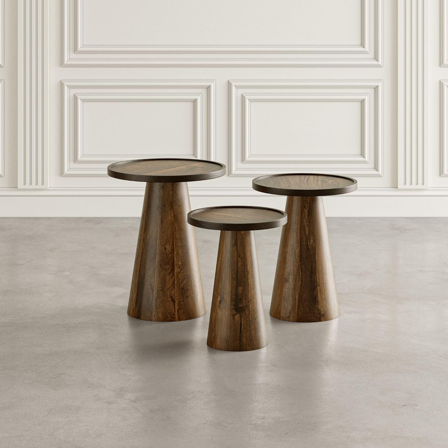 Jofran Knox Mid-Century – Juego de 3 mesas anidables redondas con pedestal de madera maciza, color castaño