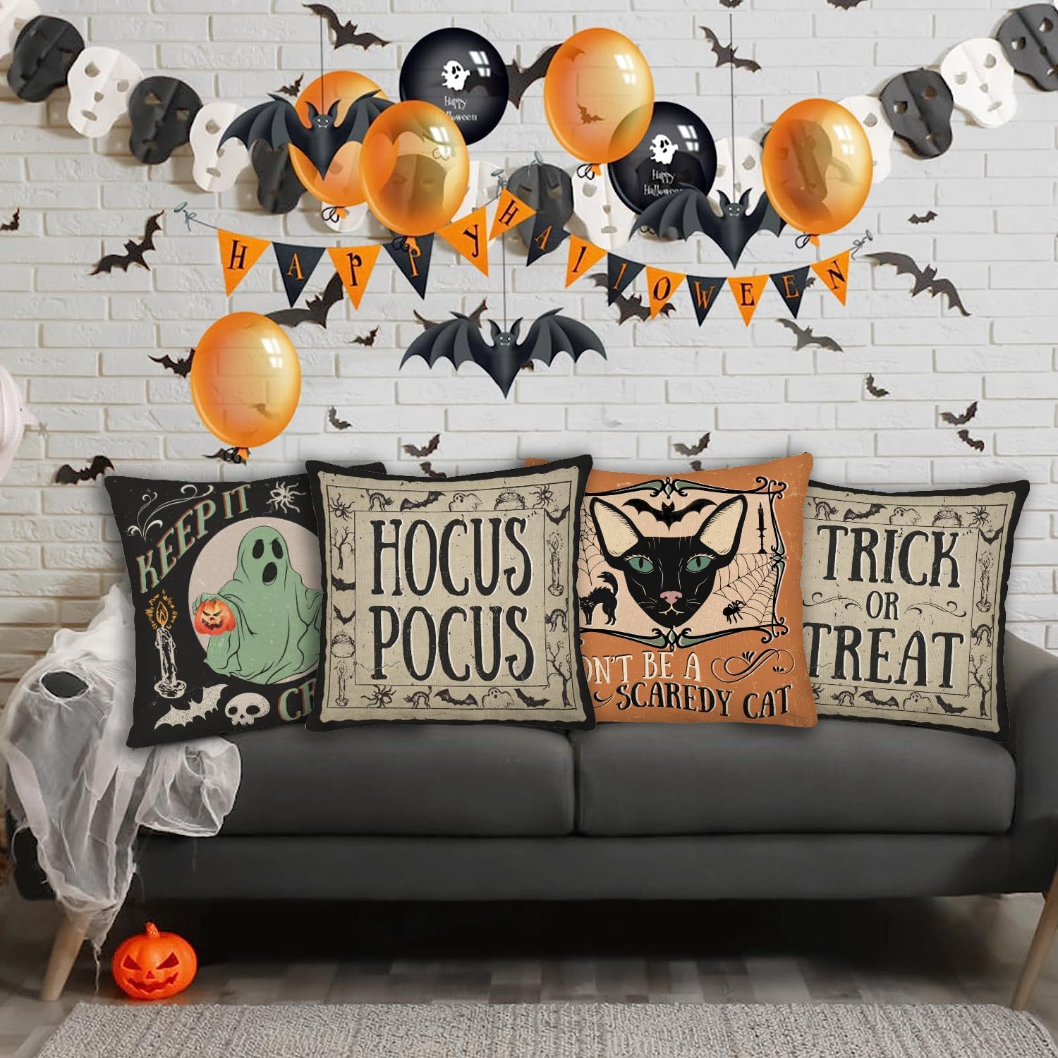 Juego de 4 fundas de almohada vintage de Halloween de 20 x 20 pulgadas, decoración de Halloween, gato aterrador, calabaza, fantasma, funda de cojín