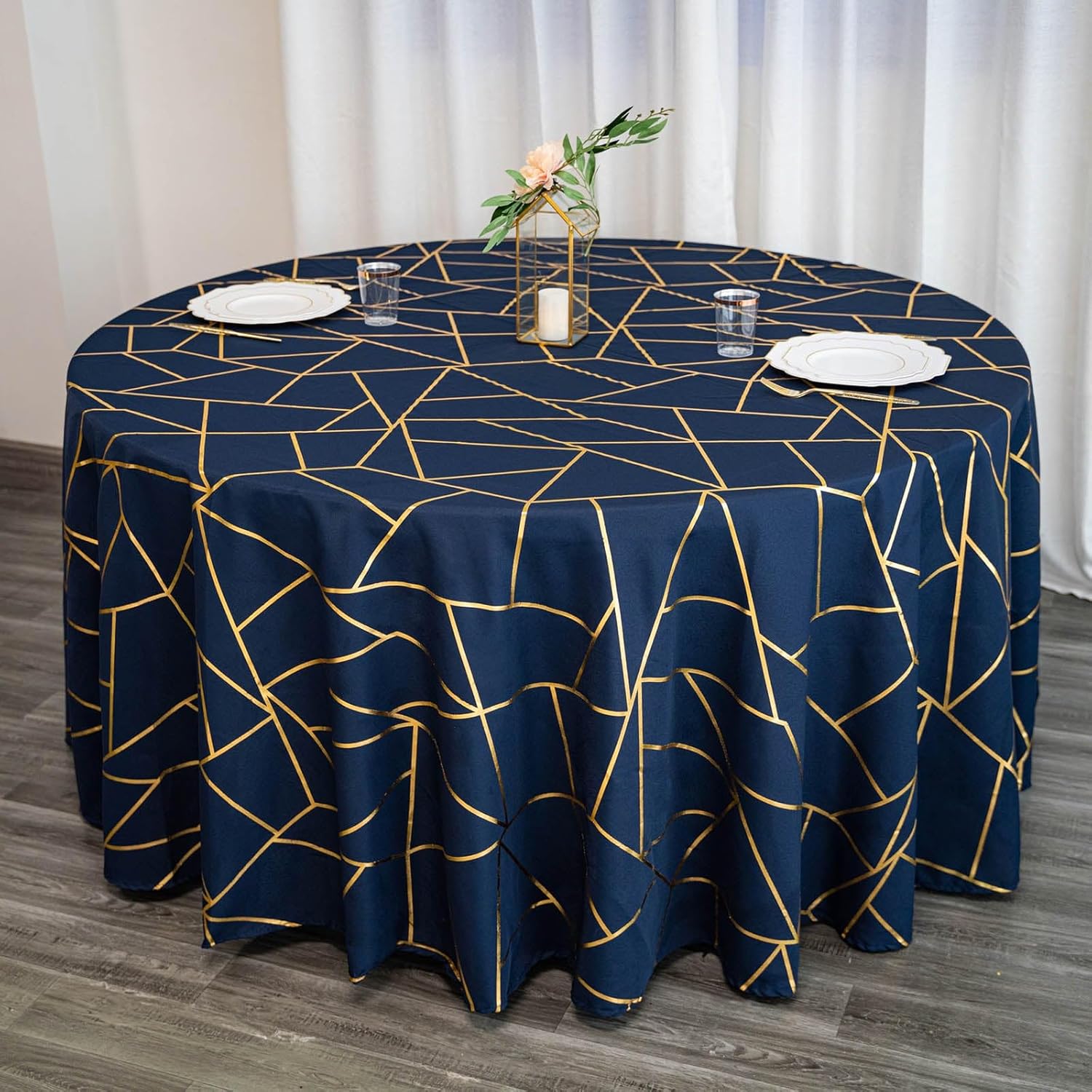 Efavormart – Mantel redondo de poliéster de 120 pulgadas, color azul marino con patrón geométrico dorado