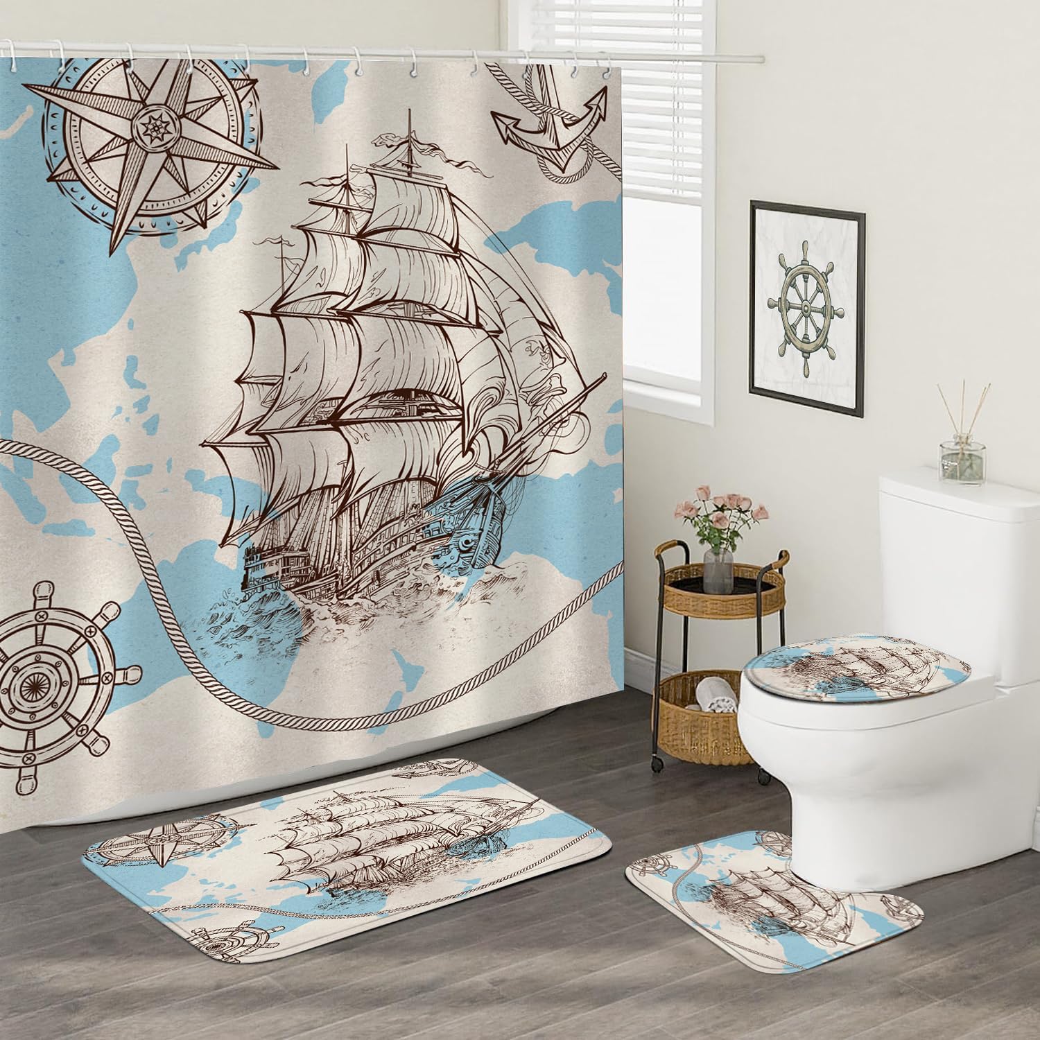 Juego de 4 cortinas de ducha náuticas para baño, juego de cortina de ducha azul con alfombras, cubierta de tapa de inodoro y tapete de baño,