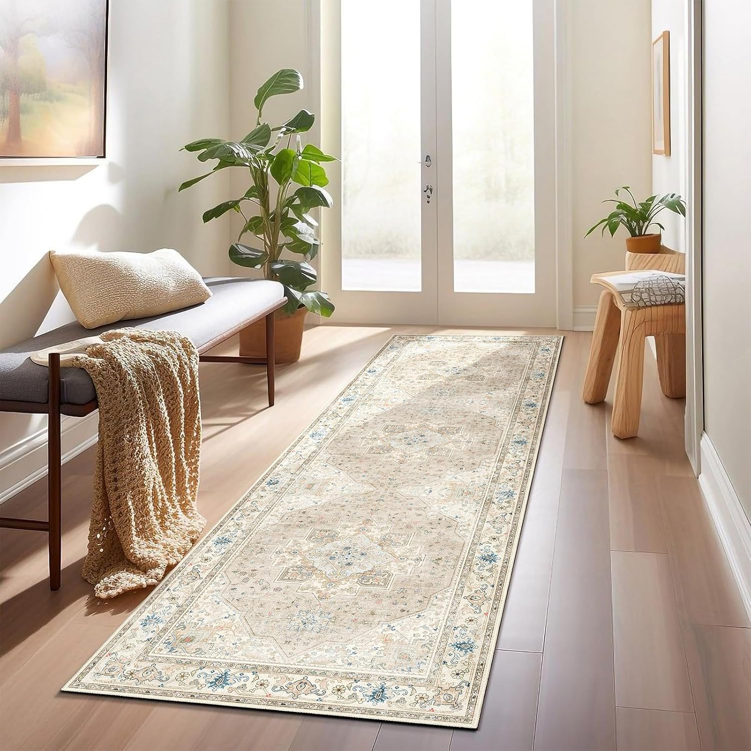 Runner Rug 2×6 Beige Boho Rug for Entryway Hallway Kitchen Laundry Room Bathroom Non Slip Soft Washable Vintage Runner Floor Carpet
