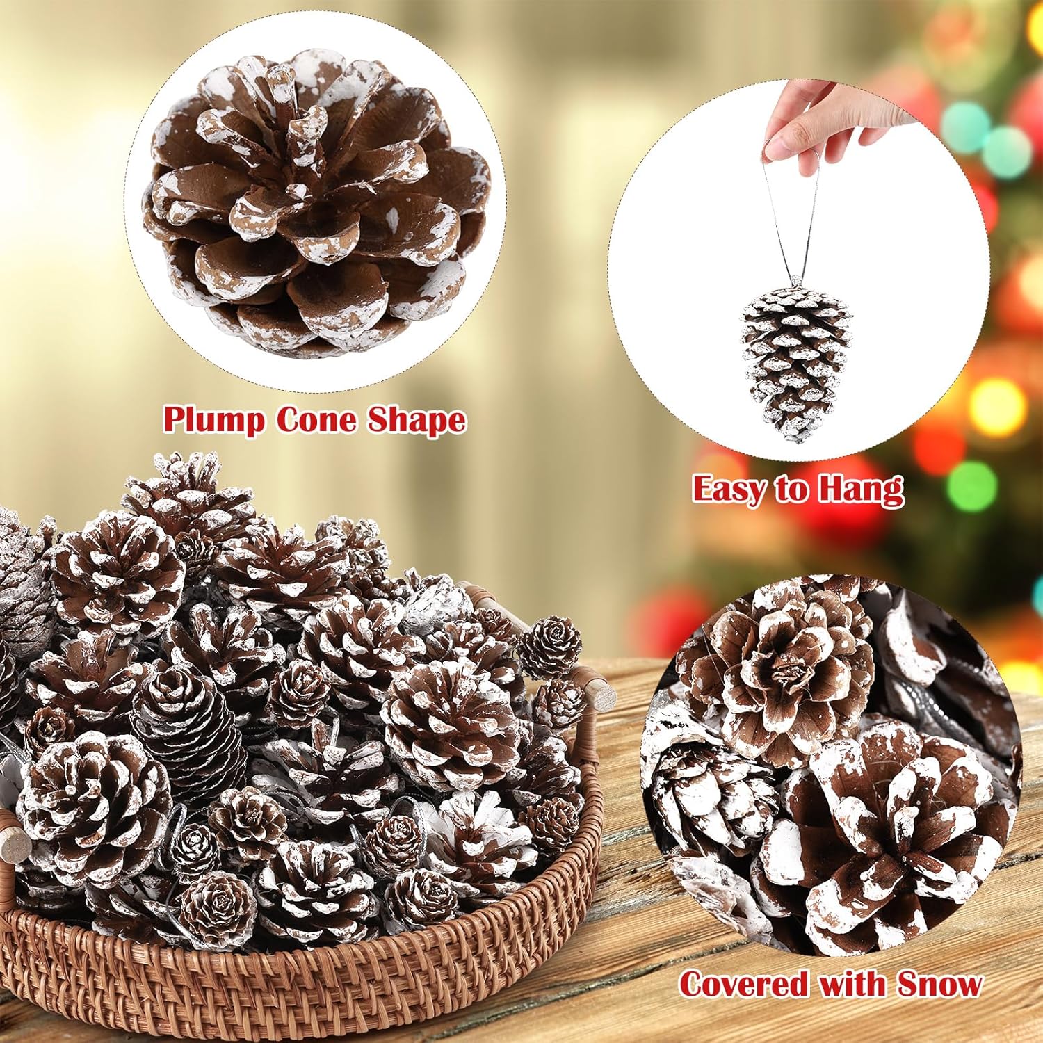 Fovths 66 piezas de adornos de piñas de Navidad blancas como la nieve con cuerda, conos de pino rústicos naturales a granel, varios tamaños,