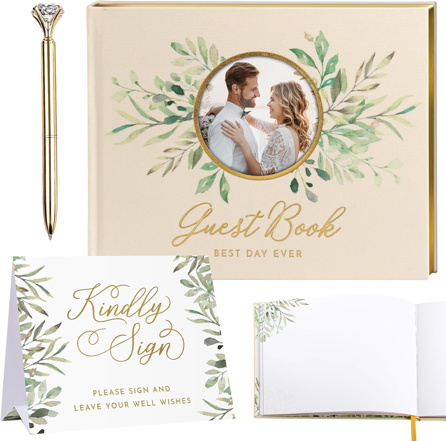 Libro de invitados de boda, con bolígrafo de diamantes de cristal dorado y letrero de mesa, libro de invitados de tapa dura de lino, recepción de