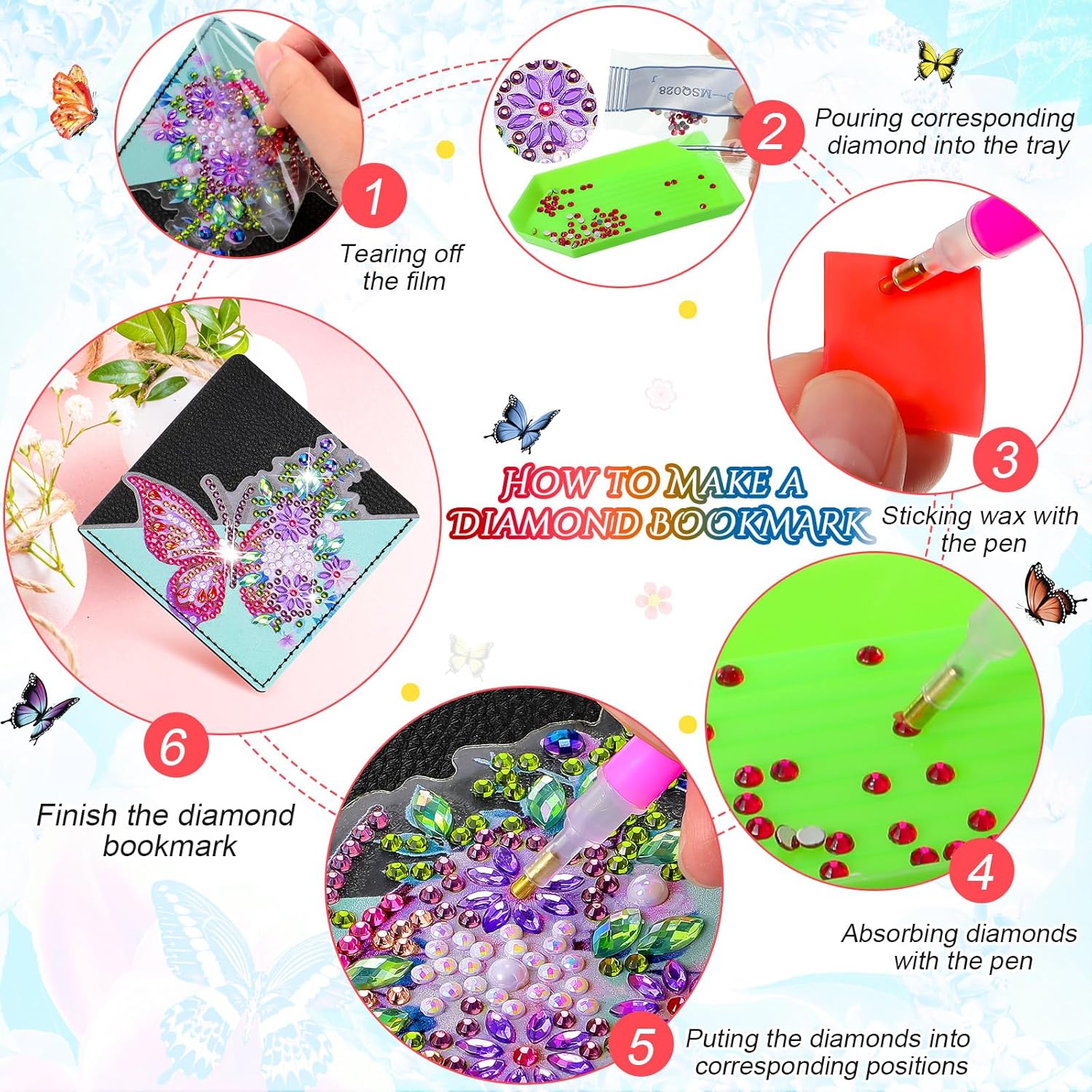 Juego de 8 marcapáginas de arte de diamantes con diseño de mariposas, para manualidades, para niños, adultos, amantes de los libros, graduación,