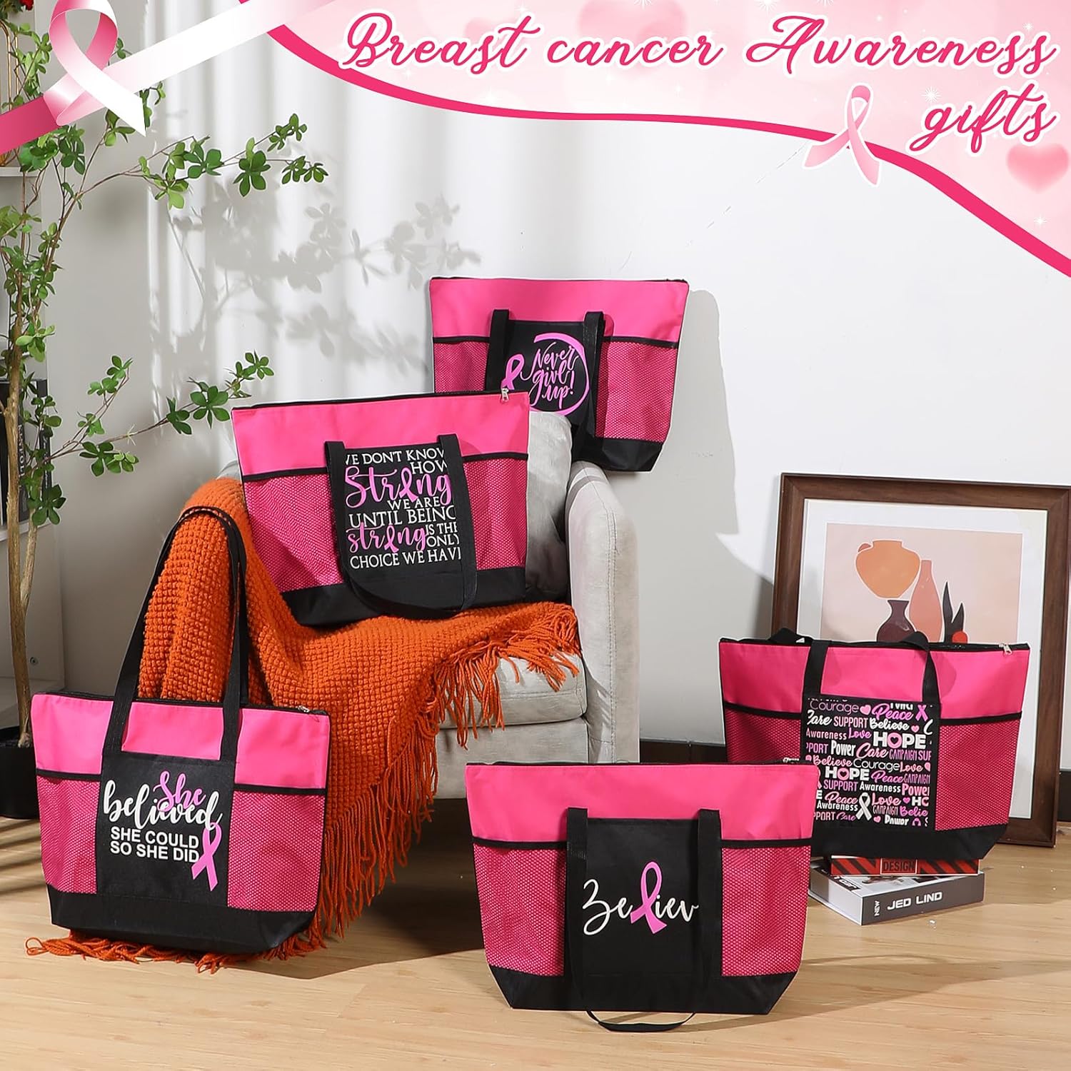 Set de regalo de concientización sobre el cáncer de mama para mujeres, bolsas de mano con letrero de cinta rosa