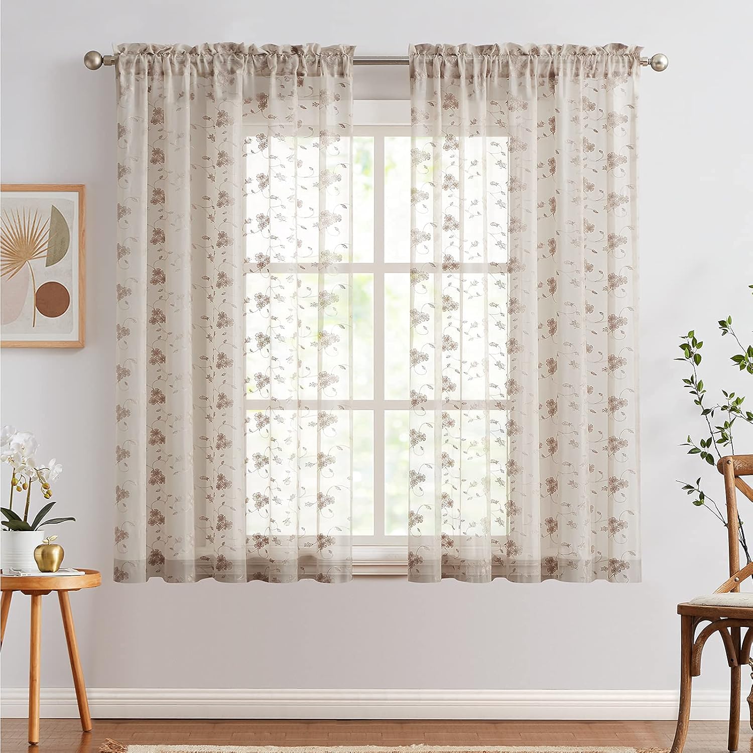 Lazzzy – Cortinas transparentes de gasa bordada con diseño floral