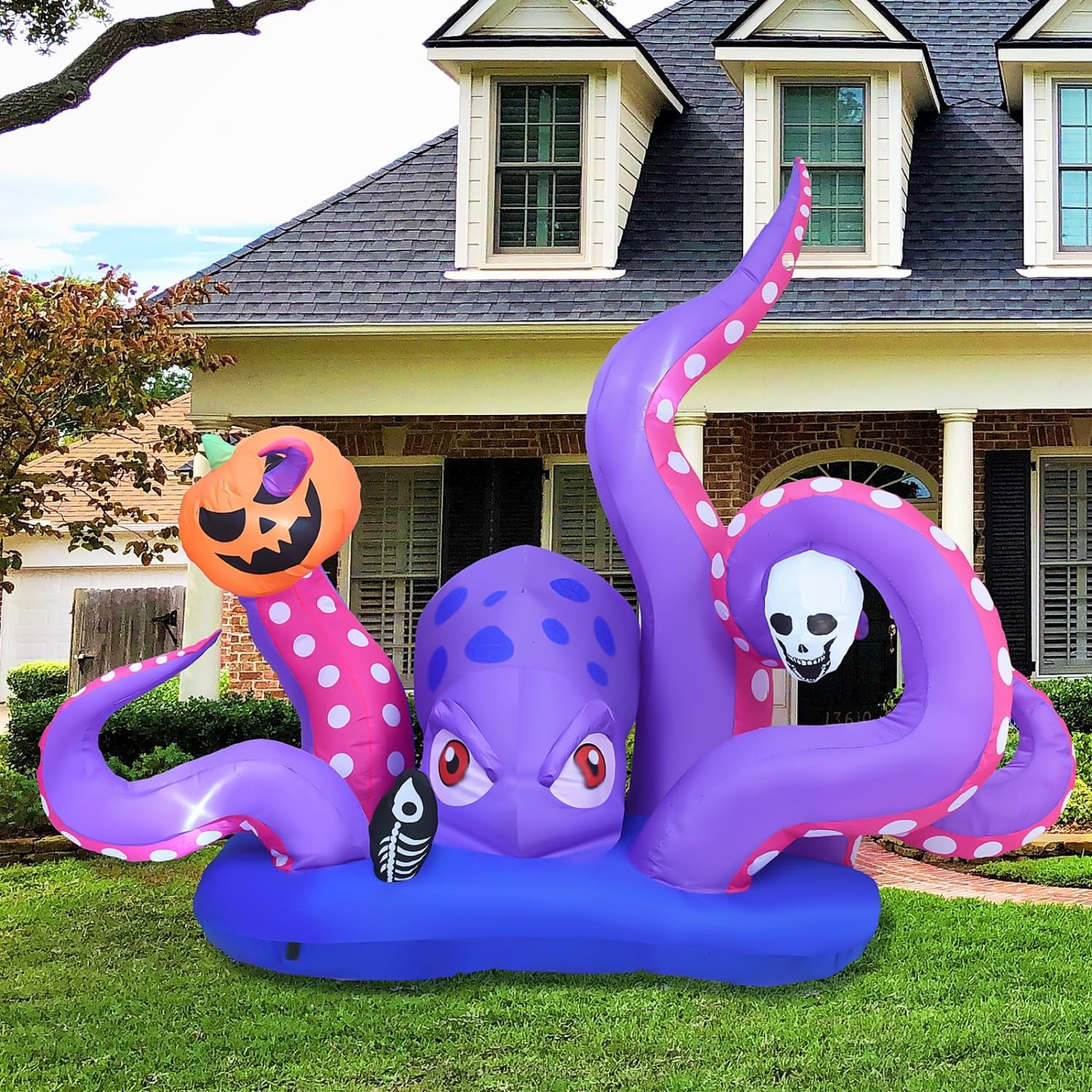 Pulpo gigante inflable de Halloween con calabaza y calavera para decoración de Halloween al aire libre, decoración inflable de Halloween con LED