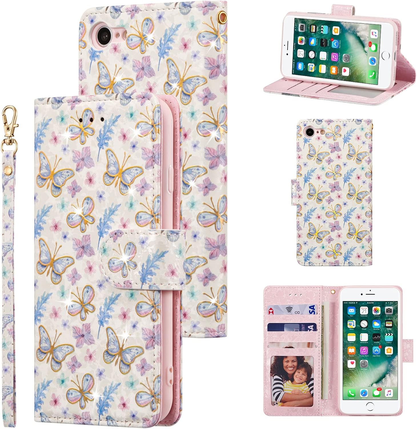 UEEBAI Funda tipo cartera para iPhone 7 PlusiPhone 8 Plus, de piel sintética, con función atril, bloqueo RFID, con ranuras para tarjetas, correa
