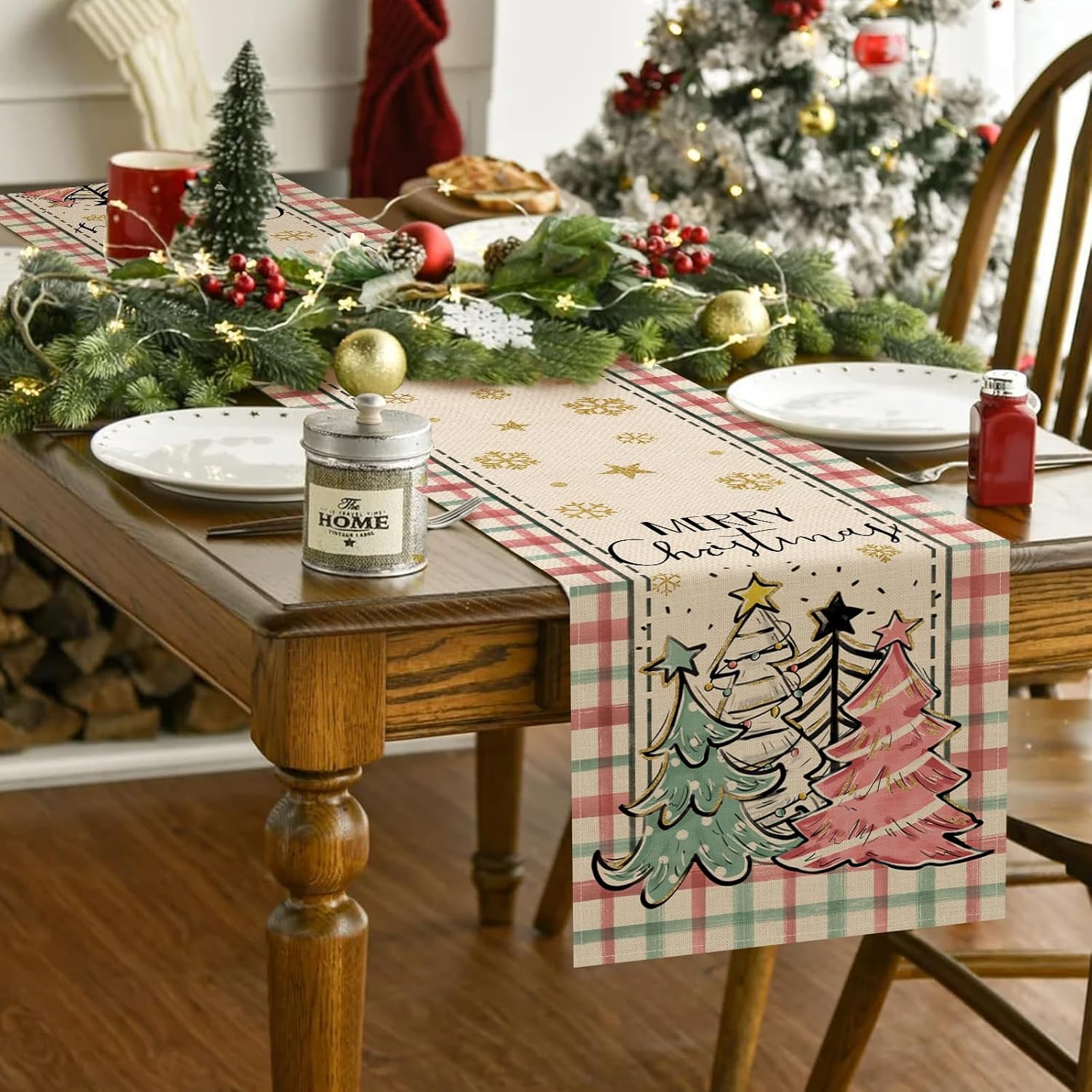 Seliem Camino de mesa de copos de nieve con árbol de pino y Navidad, diseño a cuadros rosados, decoración de mesa de comedor para cocina, decoración