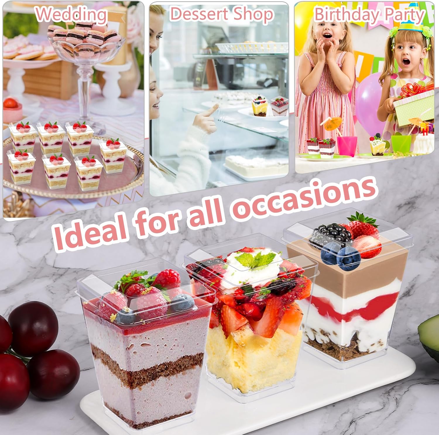 Paquete de 50 tazas de postre de 5 onzas con tapas y cucharas, tazas de parfait cuadradas transparentes, mini tazas de plástico para aperitivos,