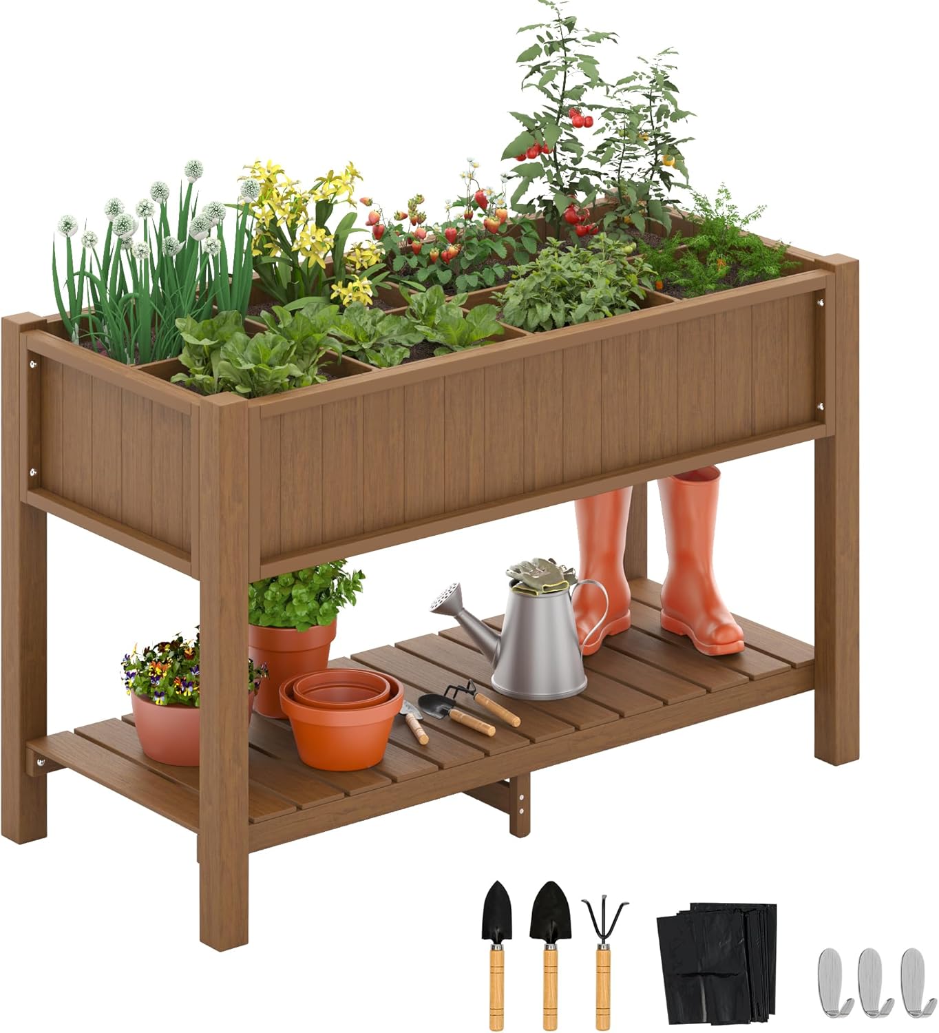 LUE BONA Cama de jardín elevada grande con herramientas y estante, 47 x 21 x 30 pulgadas, 8 bolsillos HDPS elevados para bricolaje con patas, sin