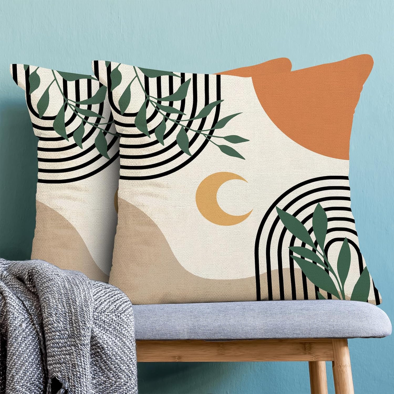 Juego de 2 fundas de almohada bohemias de 18 x 18 pulgadas, fundas de almohada bohemias de mediados de siglo, fundas de cojín abstractas tropicales