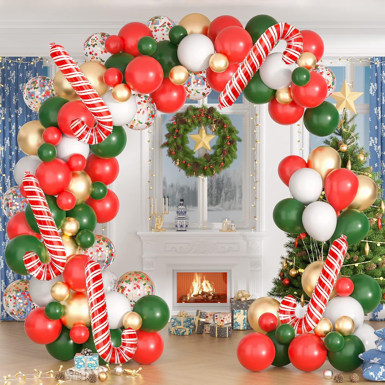 RHGBINLI Kit de arco de guirnalda de globos de Navidad, 105 globos rojos, verdes, dorados y blancos con globos de bastón de caramelo para