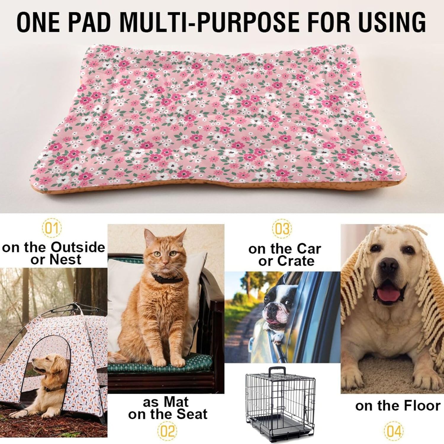 Almohadilla de cama para mascotas con diseño floral rosa, tapete suave para cama de perro con parte inferior antideslizante, lavable a máquina,