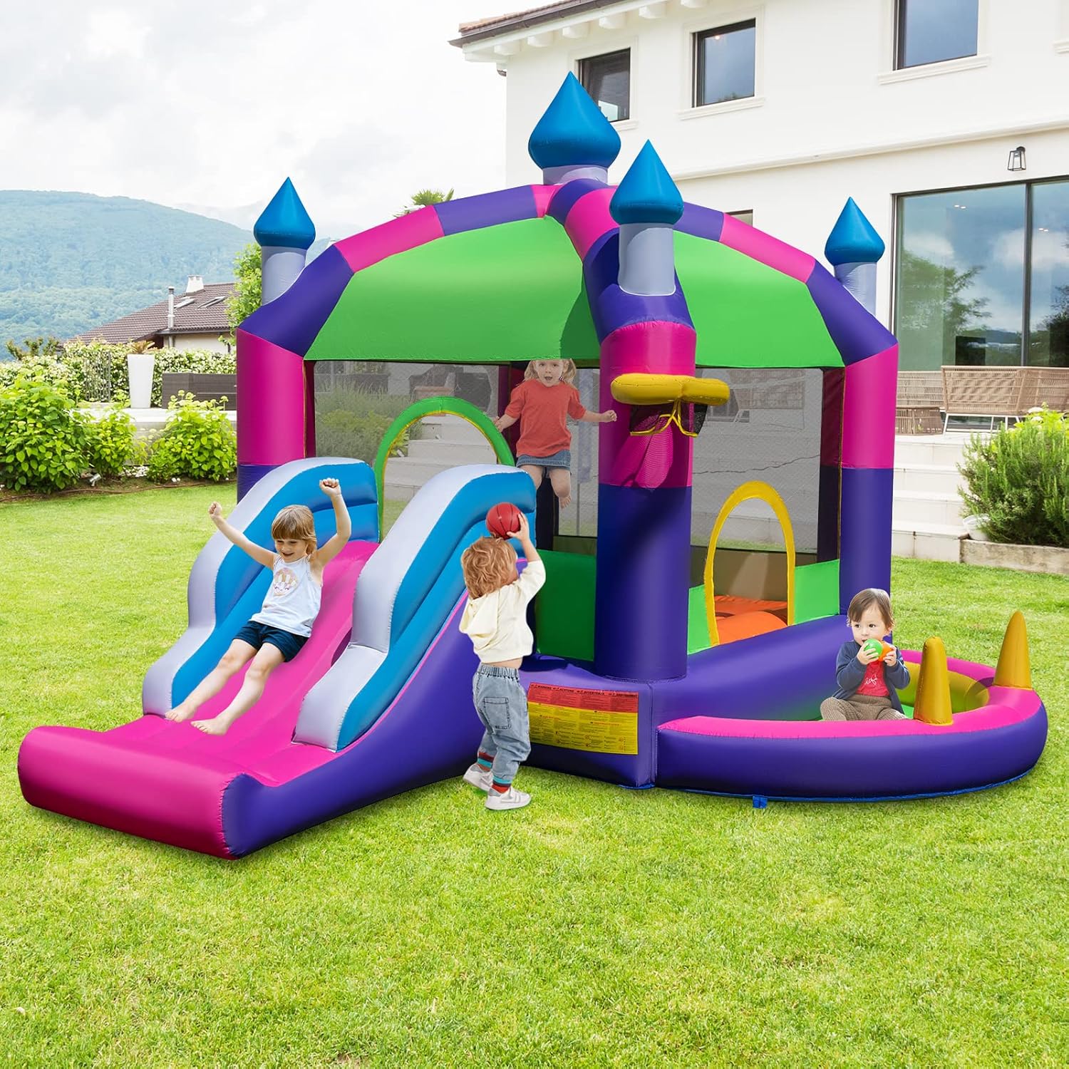 BOUNTECH Casa inflable de rebote con cubierta superior del toldo, casa inflable para niños con tobogán y pozo de pelotas para interiores y