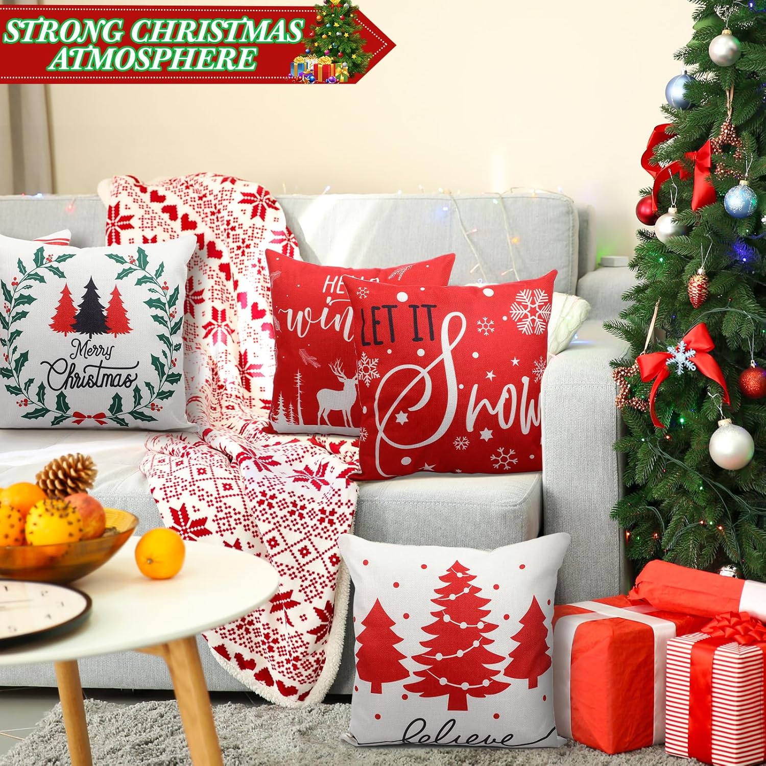 Huwena 12 fundas de almohada de Navidad de 18 x 18 pulgadas, fundas de almohada de Navidad para el hogar, decoración de árbol de Navidad, fundas de