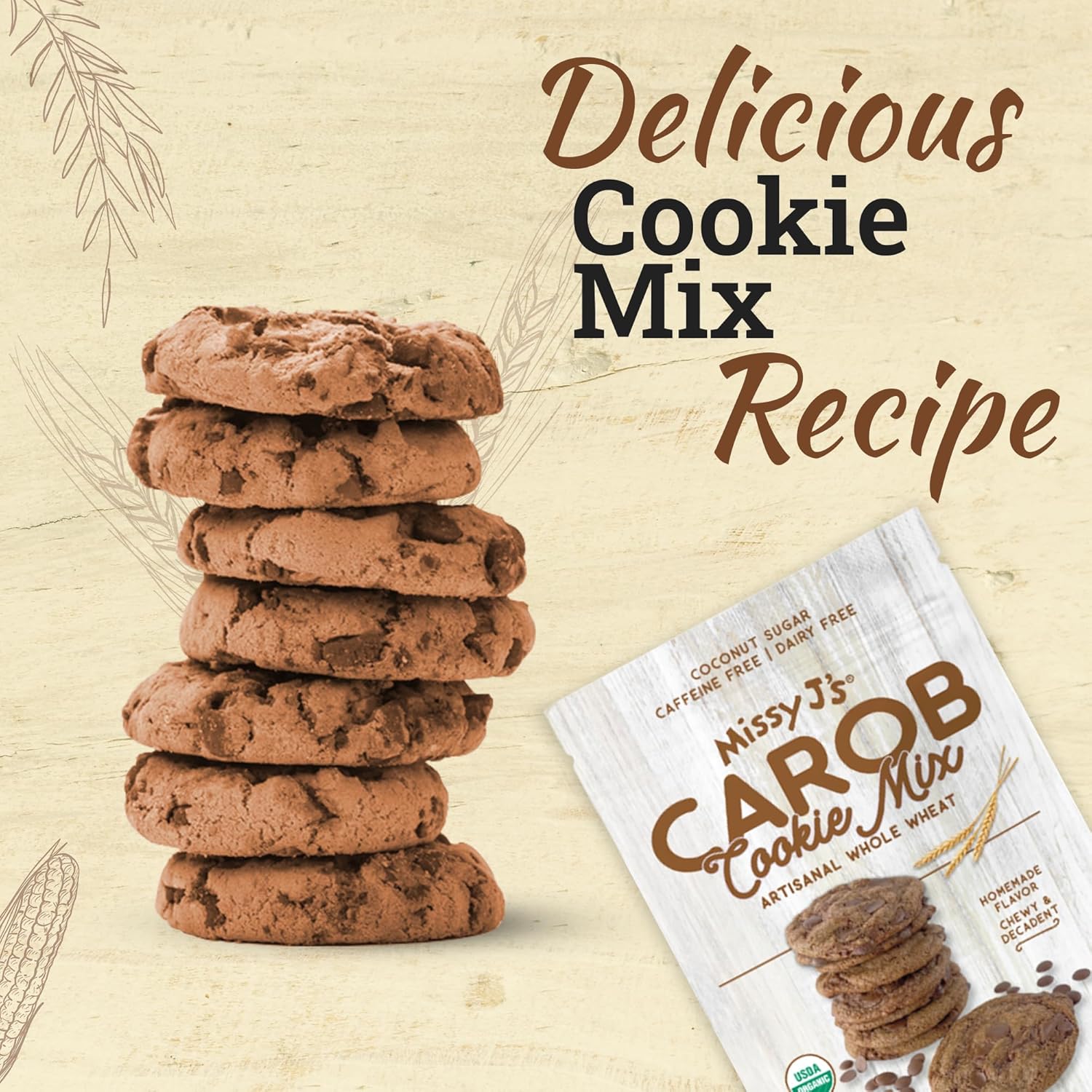 Missy J’s Mezcla orgánica de galleta de trigo integral de algarroba de 12 onzas, 1 paquete, sustituto saludable sin cafeína del chocolate, hecha con