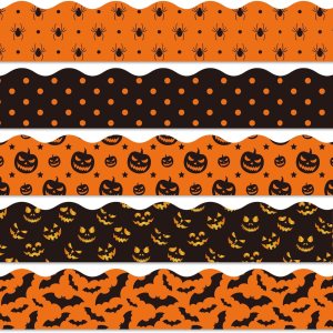 Whaline Tablero de anuncios de Halloween de 69 pies, diseño de araña, calabaza, murciélago, decoración de puntos, color naranja y negro, borde Whaline Tablero de anuncios de Halloween de 69 pies, diseño de araña, calabaza, murciélago, decoración de puntos, color naranja y negro, borde
