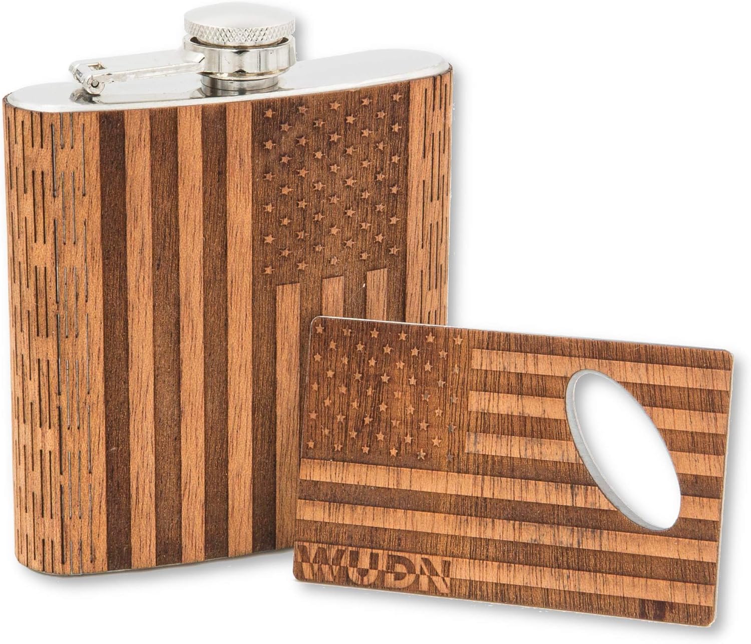 Real Wood – Frasco de cadera de 6 onzas y abrebotellas de tarjetas de crédito a juego, bandera estadounidense