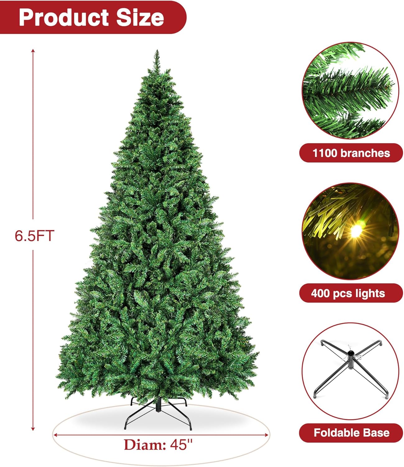 BROVIEW Árbol de Navidad artificial preiluminado de 6.5 pies, pinos de Navidad con bisagras de alta calidad con 400 luces blancas cálidas, 1100