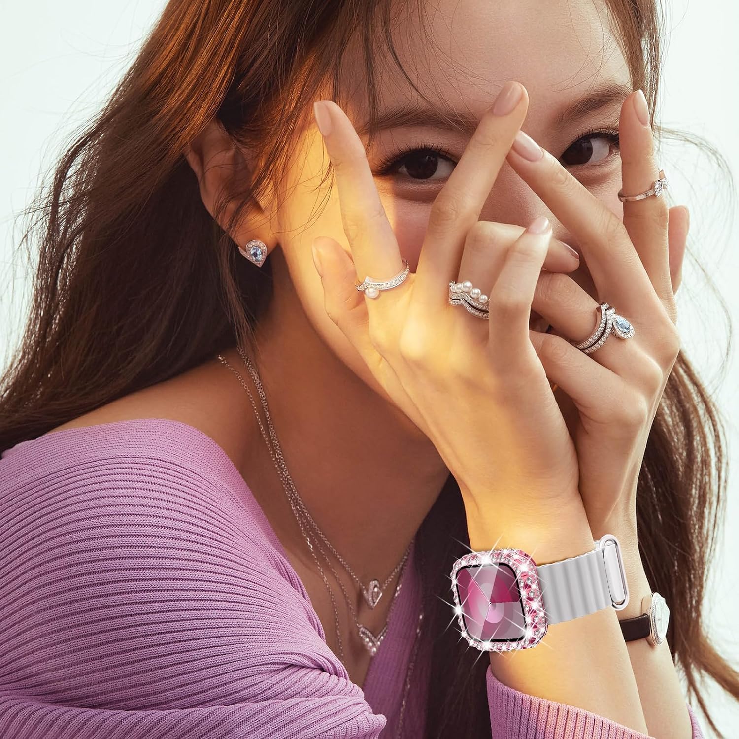 Fullife – Paquete de 3 carcasas con diamantes de cristal de imitación compatibles con Apple Watch de 1.57pulgadas, con protector con vidrio templado