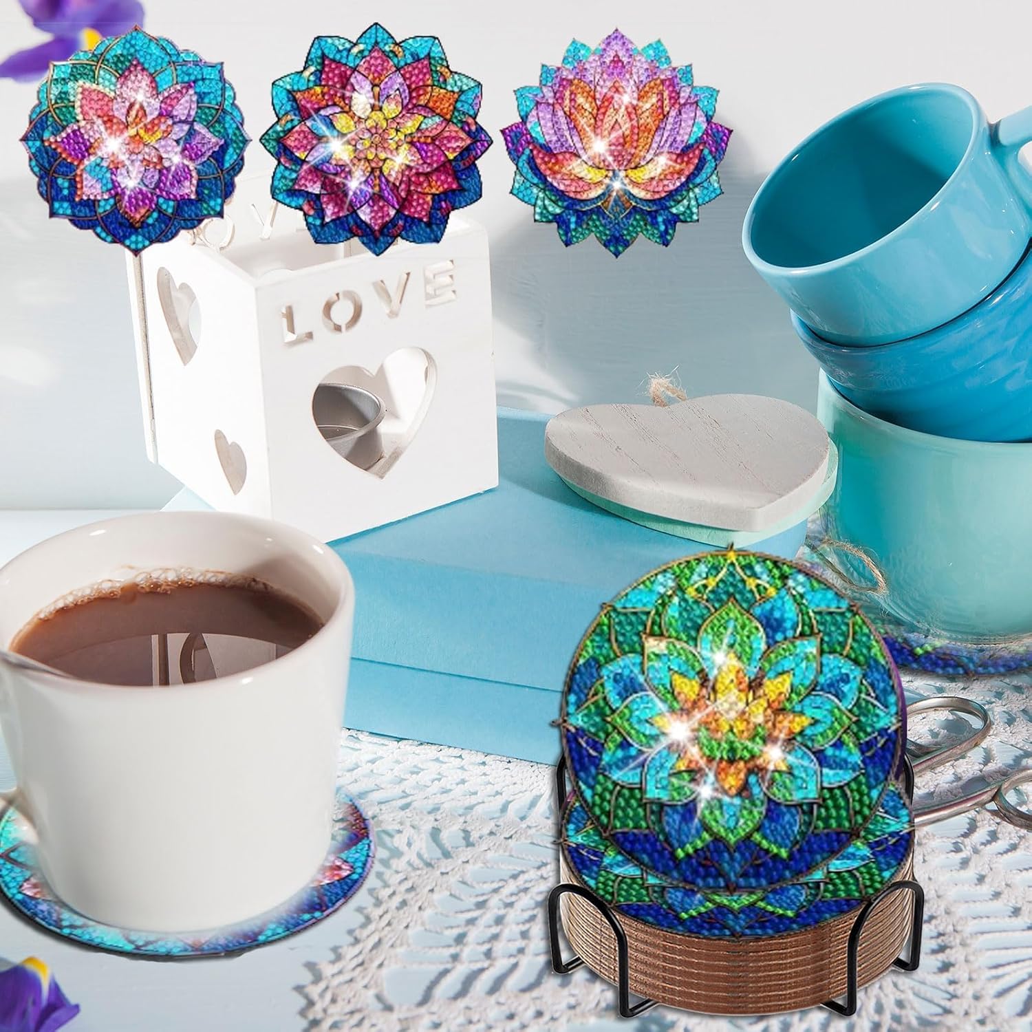8 posavasos de diamante de loto con soporte para bricolaje, bonitos posavasos de arte de diamante de loto 5D con almohadillas de corcho para