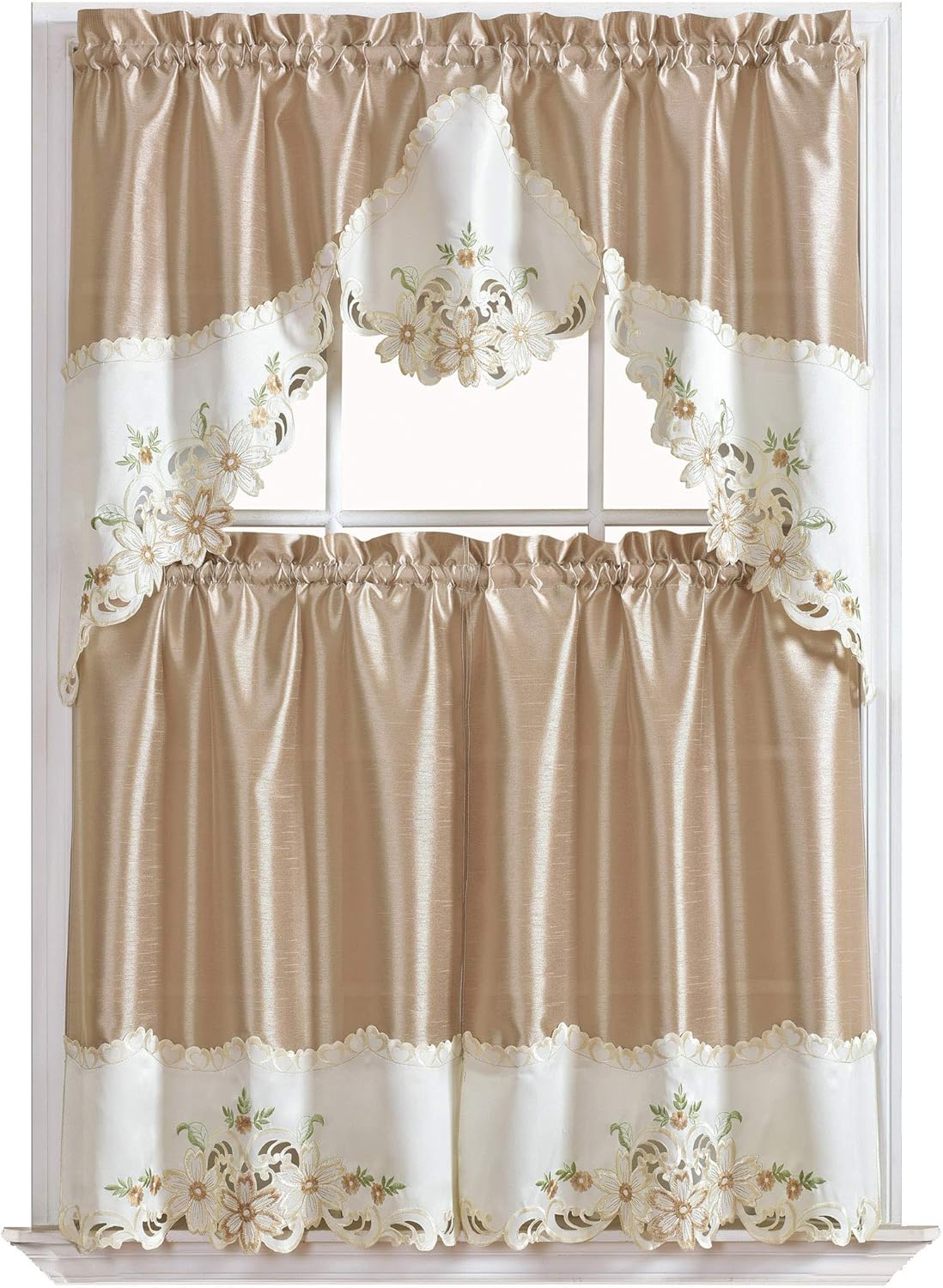 GOHD – Juego de cortinas de cocina con diseño floral, cenefa y nivel. Bonito bordado floral a juego en el borde con cortes (beige)