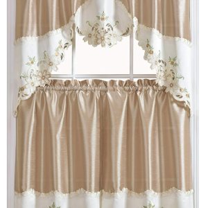 GOHD – Juego de cortinas de cocina con diseño floral, cenefa y nivel. Bonito bordado floral a juego en el borde con cortes (beige) GOHD – Juego de cortinas de cocina con diseño floral, cenefa y nivel. Bonito bordado floral a juego en el borde con cortes (beige)