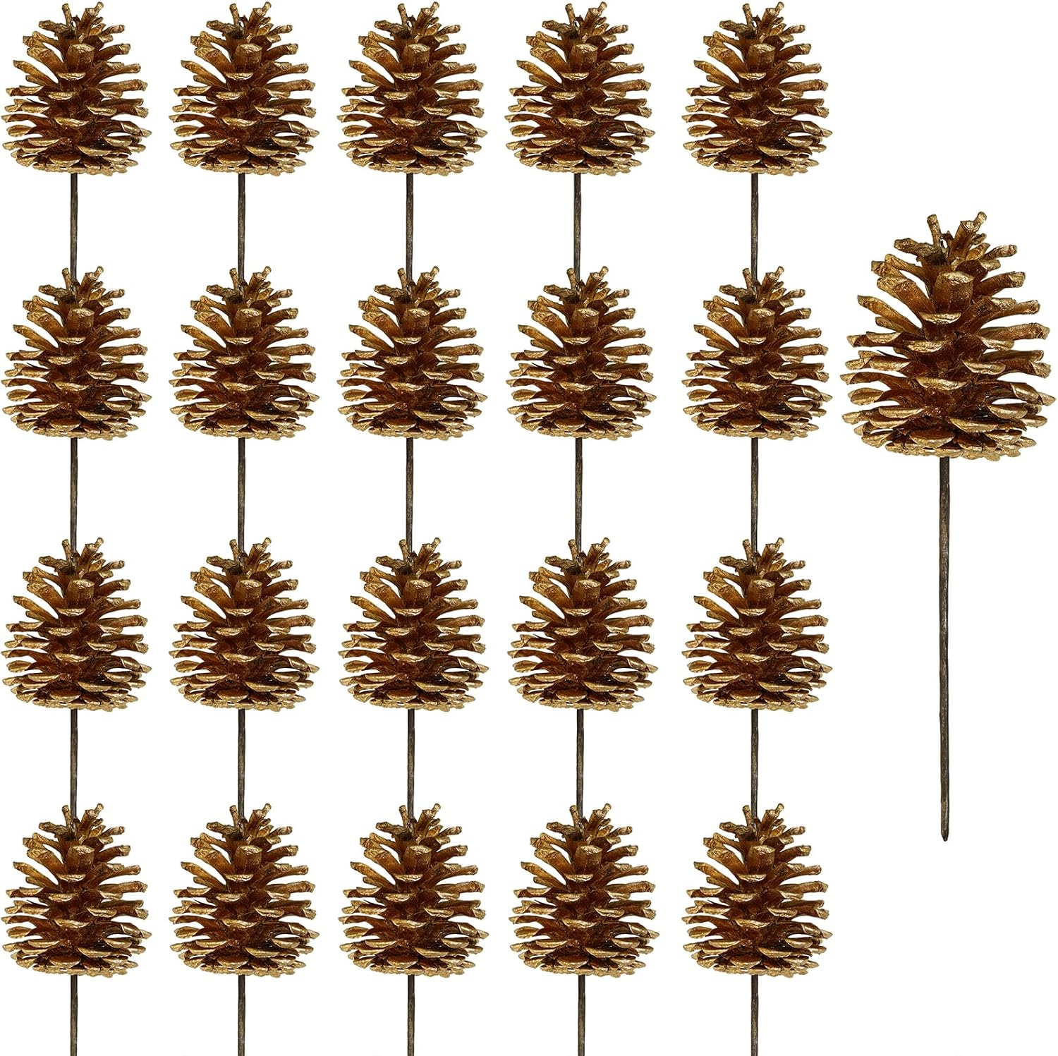 Winlyn 20 púas de cono de pino dorado, adornos de Navidad, piñas florales, tallos decorativos de piña natural con alambre de 6.9 pulgadas de alto