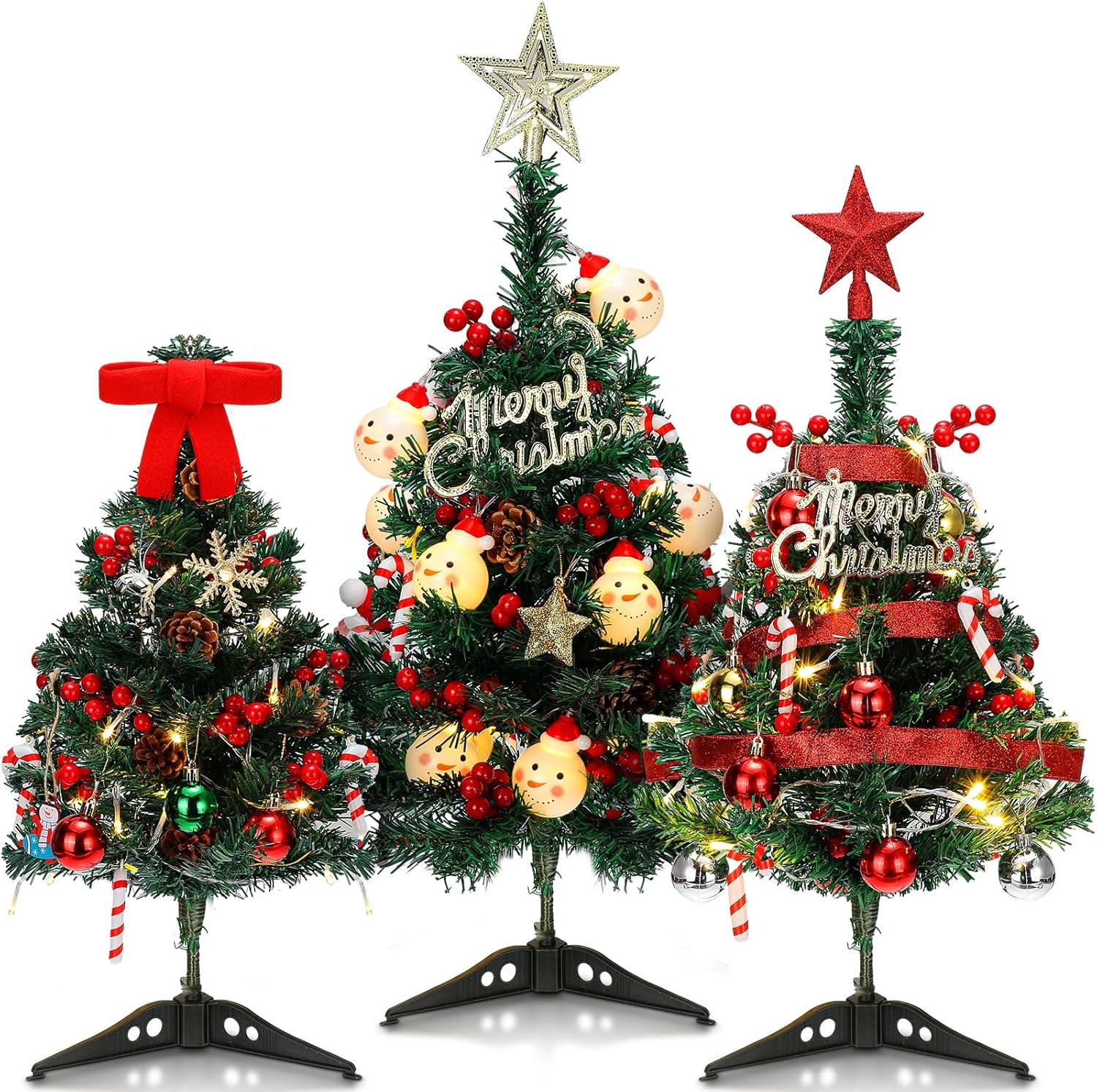 3 piezas de mini árbol de Navidad artificial de escritorio con luces LED y adornos de 182022 pulgadas, árbol de Navidad de mesa para decoración de