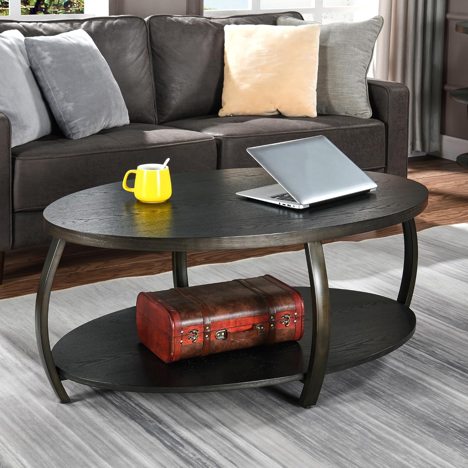 MODERION KFZ2439DK – Mesa auxiliar ovalada con estante de almacenamiento, mesa de té de centro industrial con patas de metal, mesa de sofá lateral